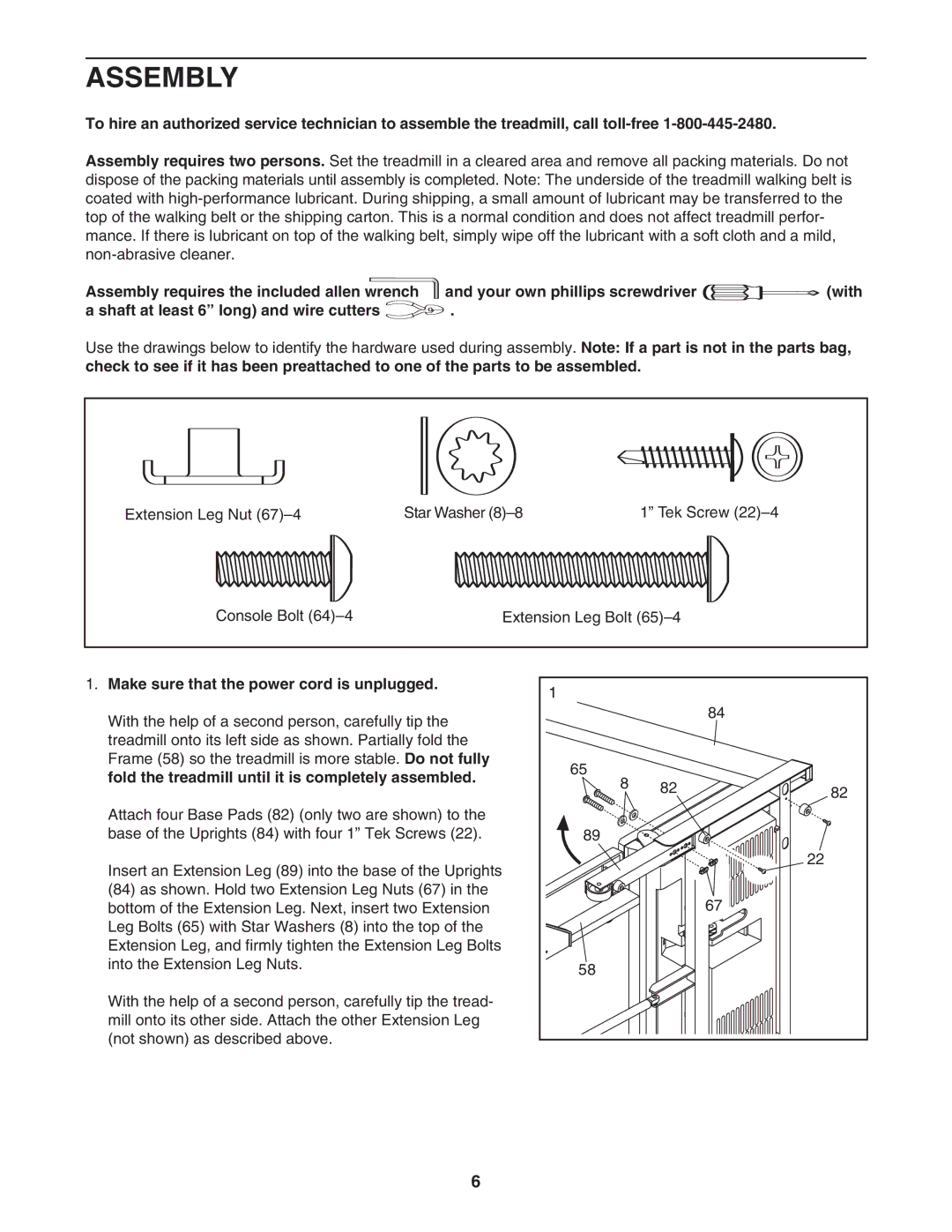 ProForm PFTL73105.1 user manual Assembly, Make sure that the power cord is unplugged 