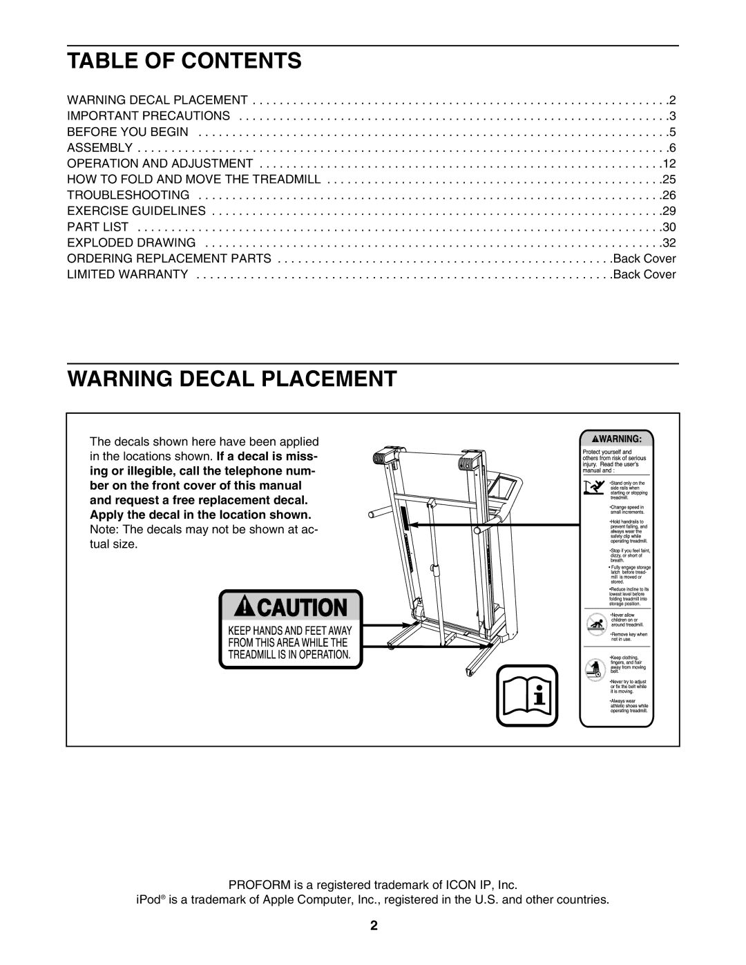 ProForm PFTL78007 user manual Table of Contents 