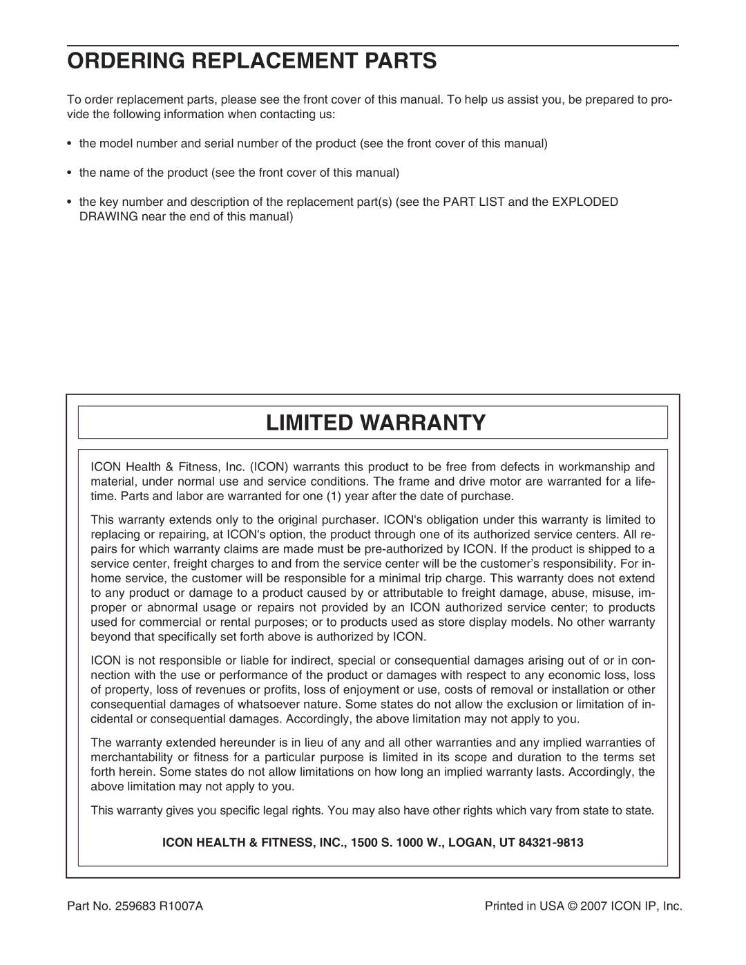 ProForm PFTL78007 Ordering Replacement Parts, Limited Warranty, Icon Health & FITNESS, INC., 1500 S W., LOGAN, UT 