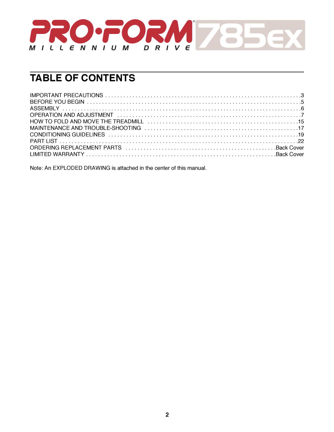 ProForm PFTL78580 user manual Table of Contents 