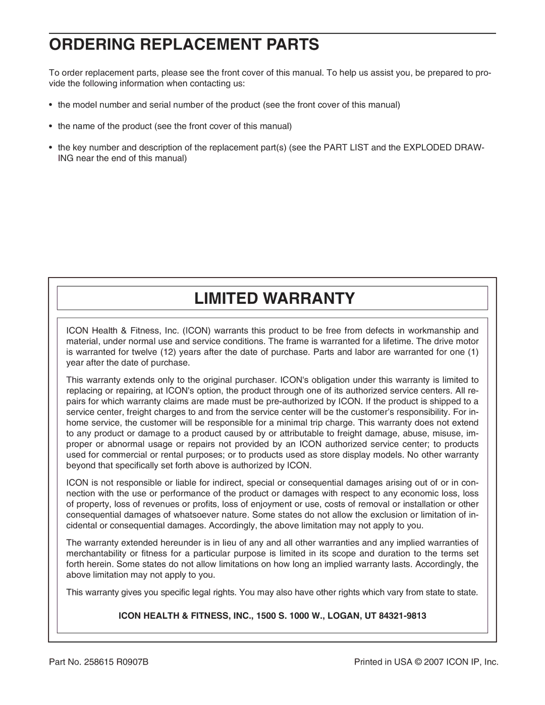 ProForm PFTL79007.0 Ordering Replacement Parts, Limited Warranty, Icon Health & FITNESS, INC., 1500 S W., LOGAN, UT 