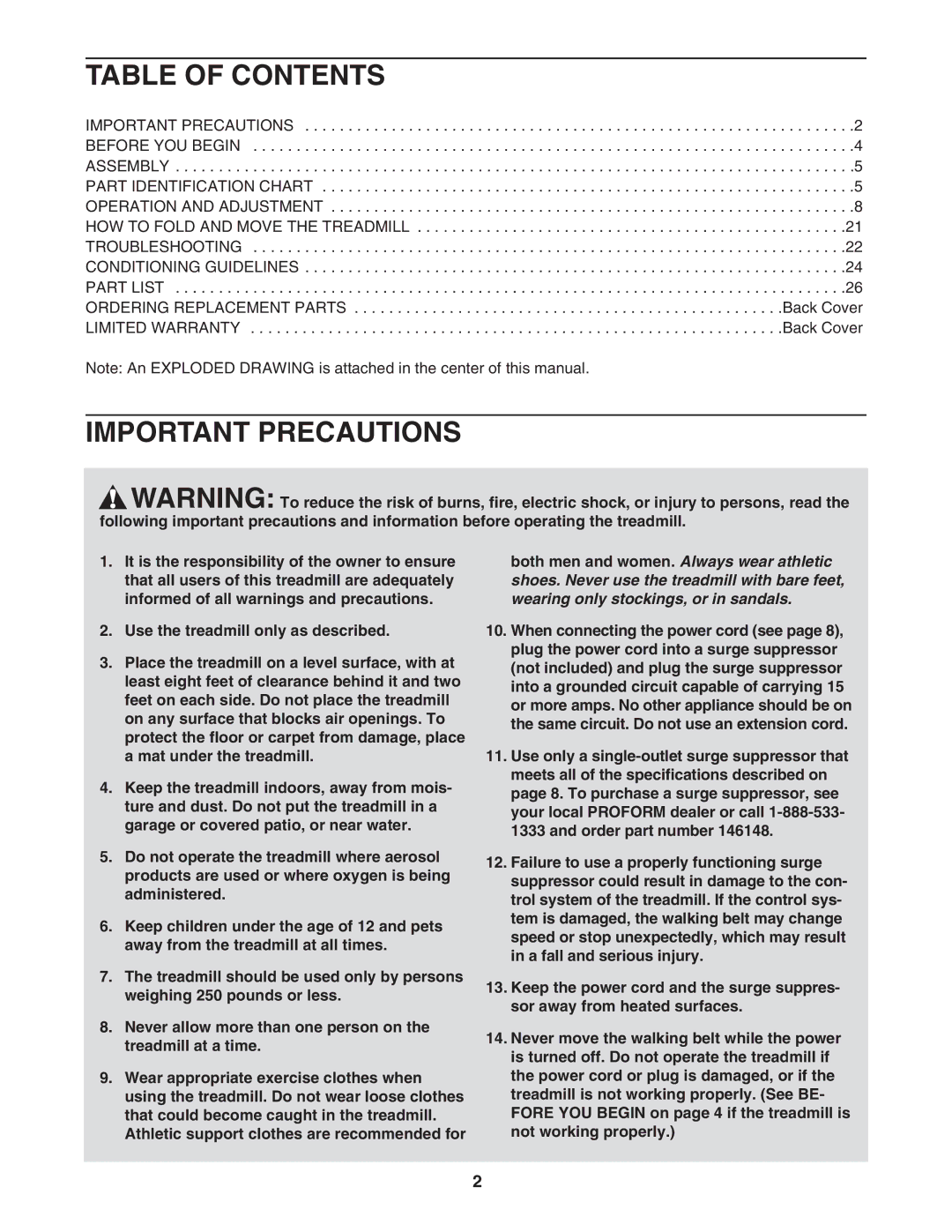 ProForm PFTL79022 user manual Table of Contents, Important Precautions 