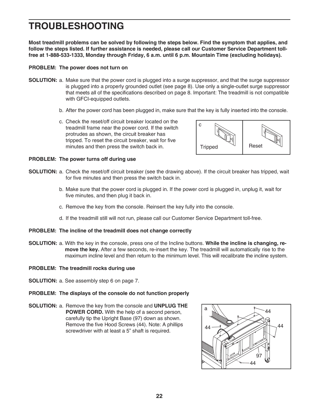 ProForm PFTL79022 Troubleshooting, Problem The power turns off during use, Problem The treadmill rocks during use 