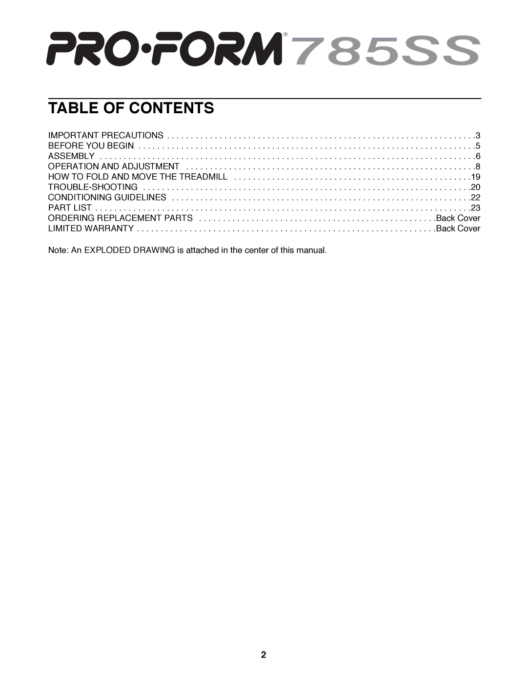 ProForm PFTL79100 user manual Table of Contents 