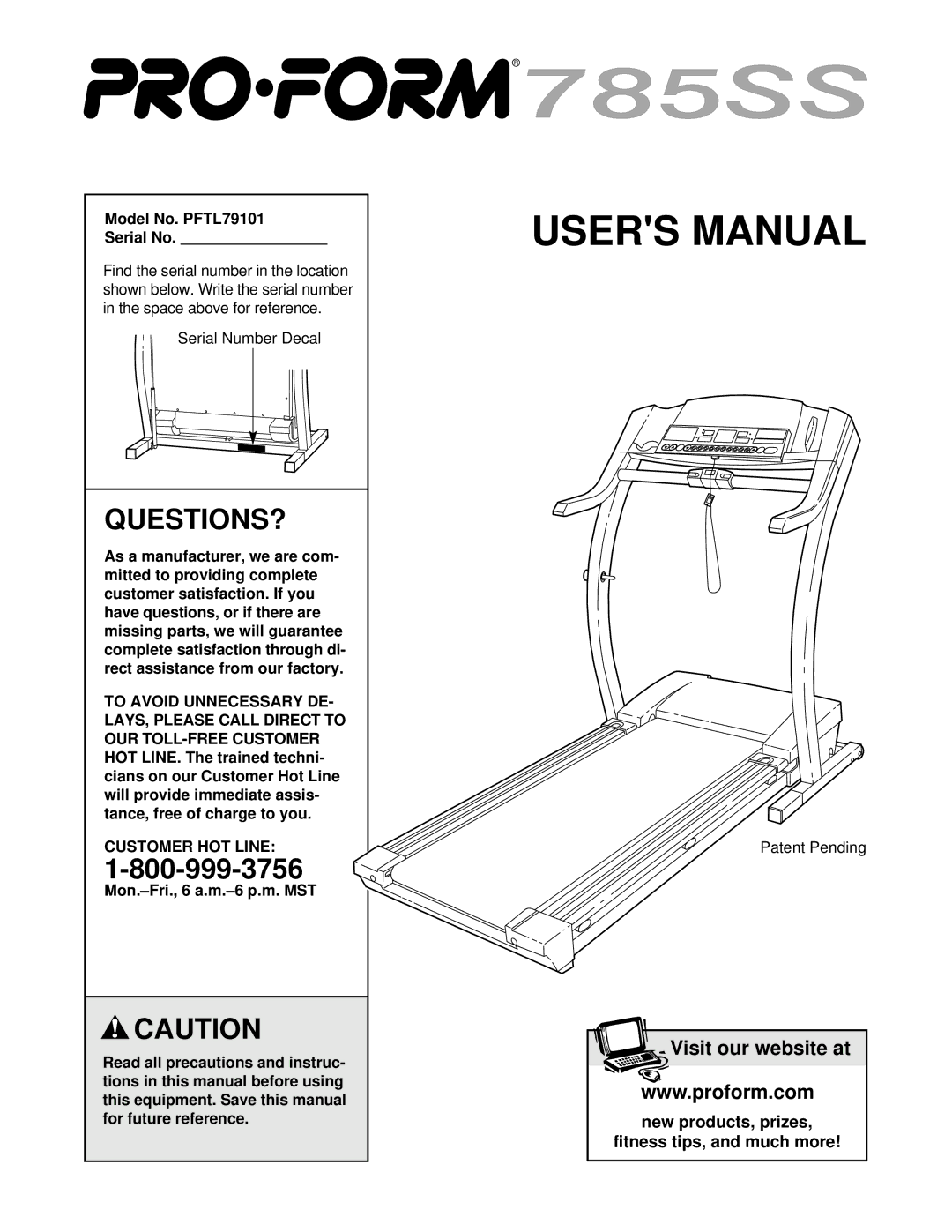 ProForm user manual Questions?, Model No. PFTL79101 Serial No, Customer HOT Line 