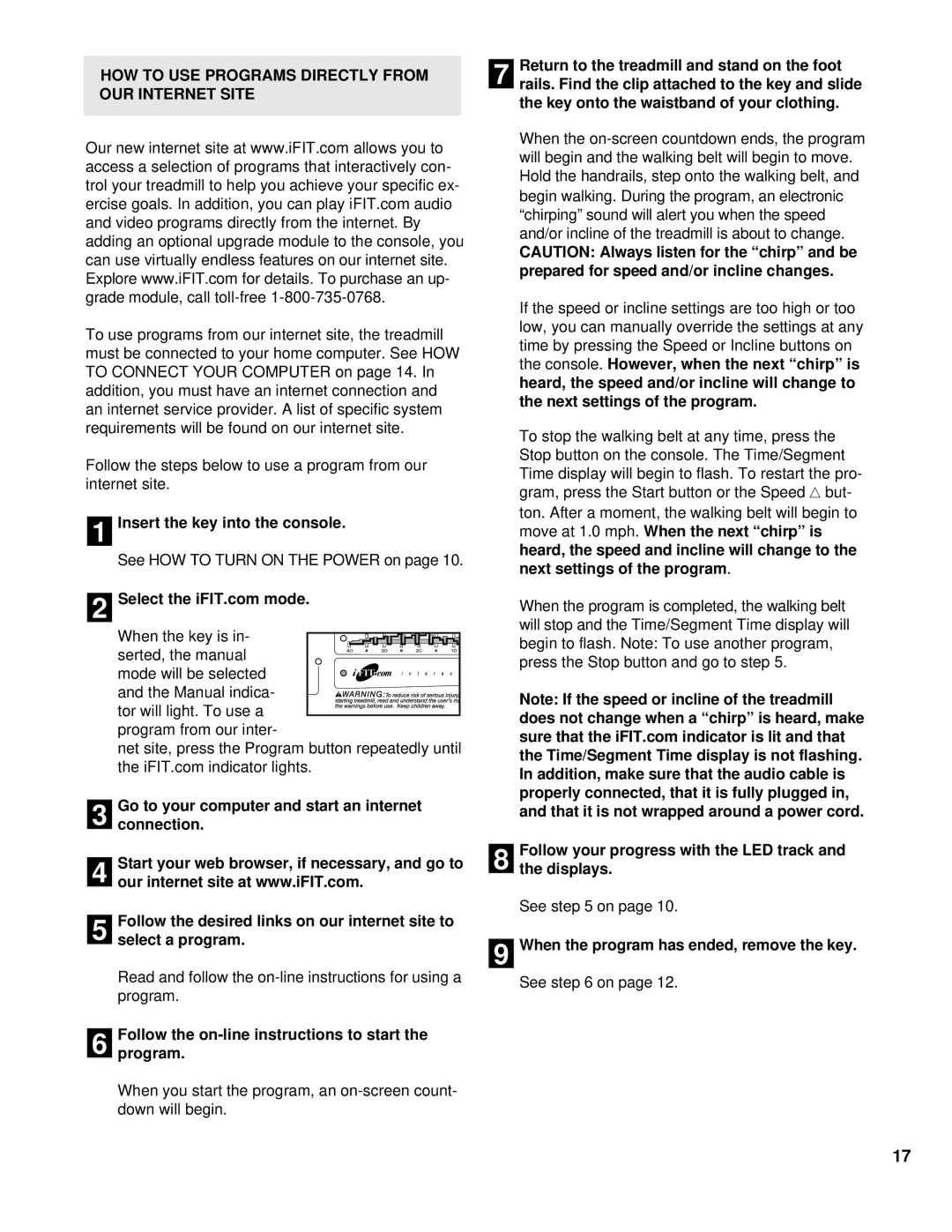 ProForm PFTL79101 HOW to USE Programs Directly from OUR Internet Site, When the program has ended, remove the key 