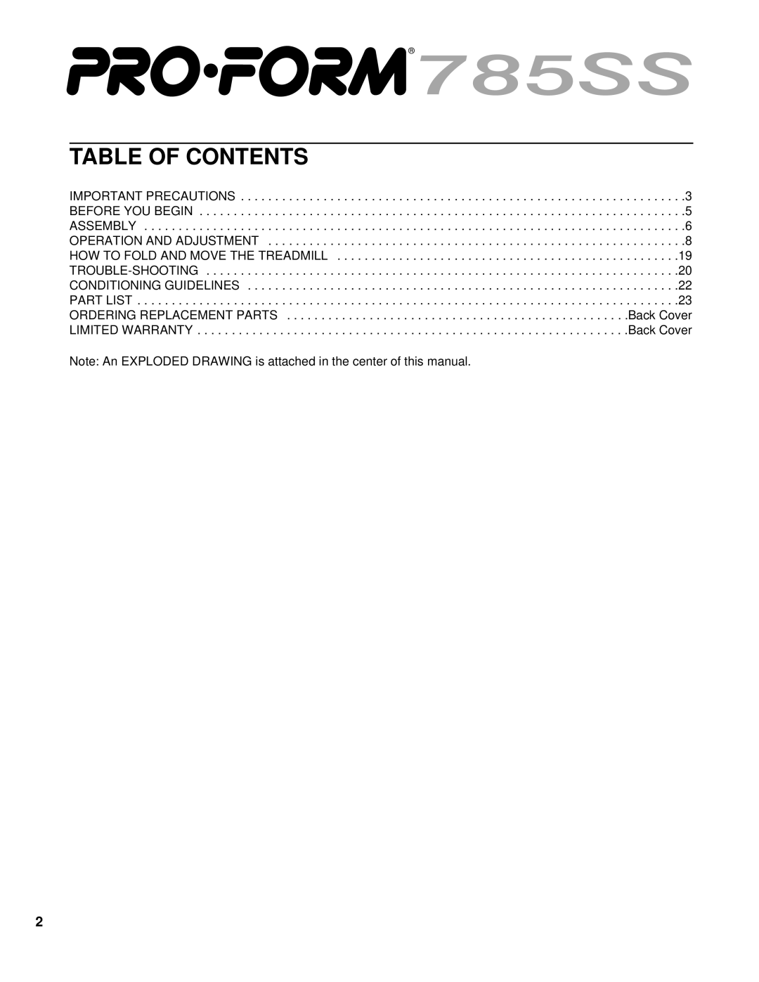 ProForm PFTL79101 user manual Table of Contents 