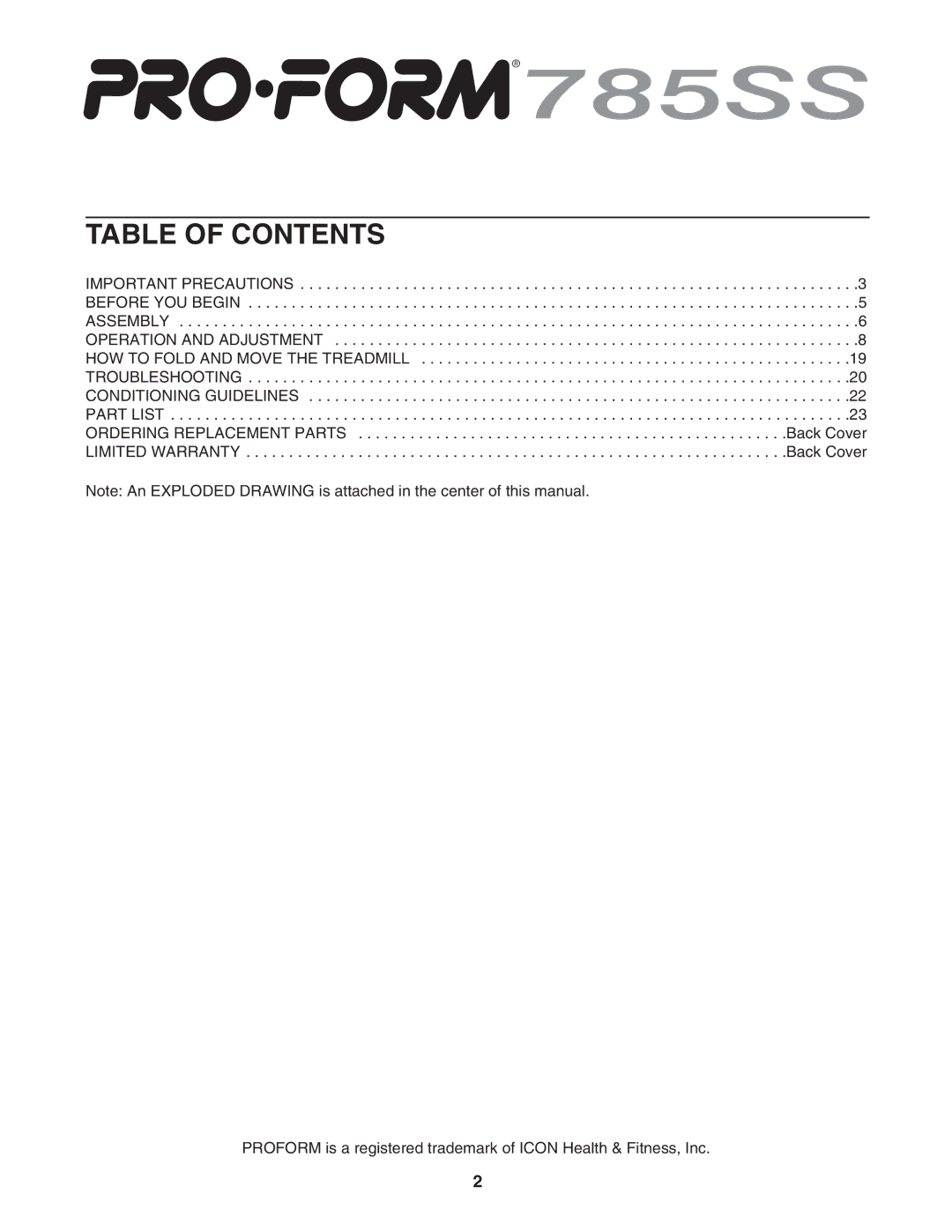 ProForm PFTL79102 user manual Table of Contents 