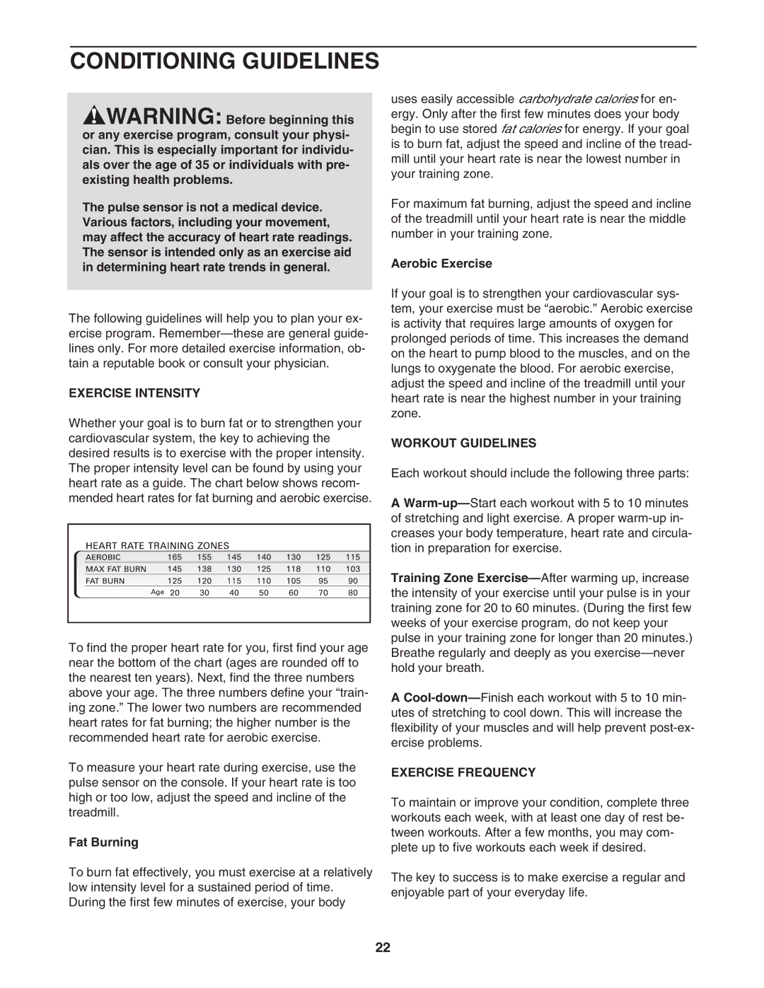 ProForm PFTL79102 user manual Conditioning Guidelines, Exercise Intensity, Workout Guidelines, Exercise Frequency 