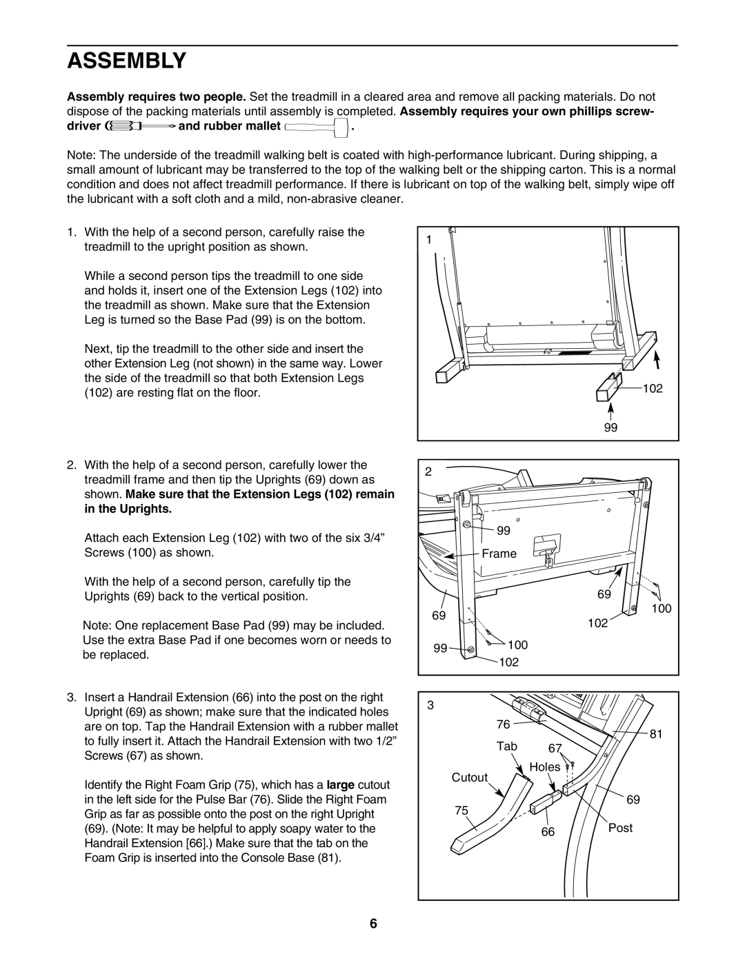 ProForm PFTL79102 user manual Assembly, Driver and rubber mallet 