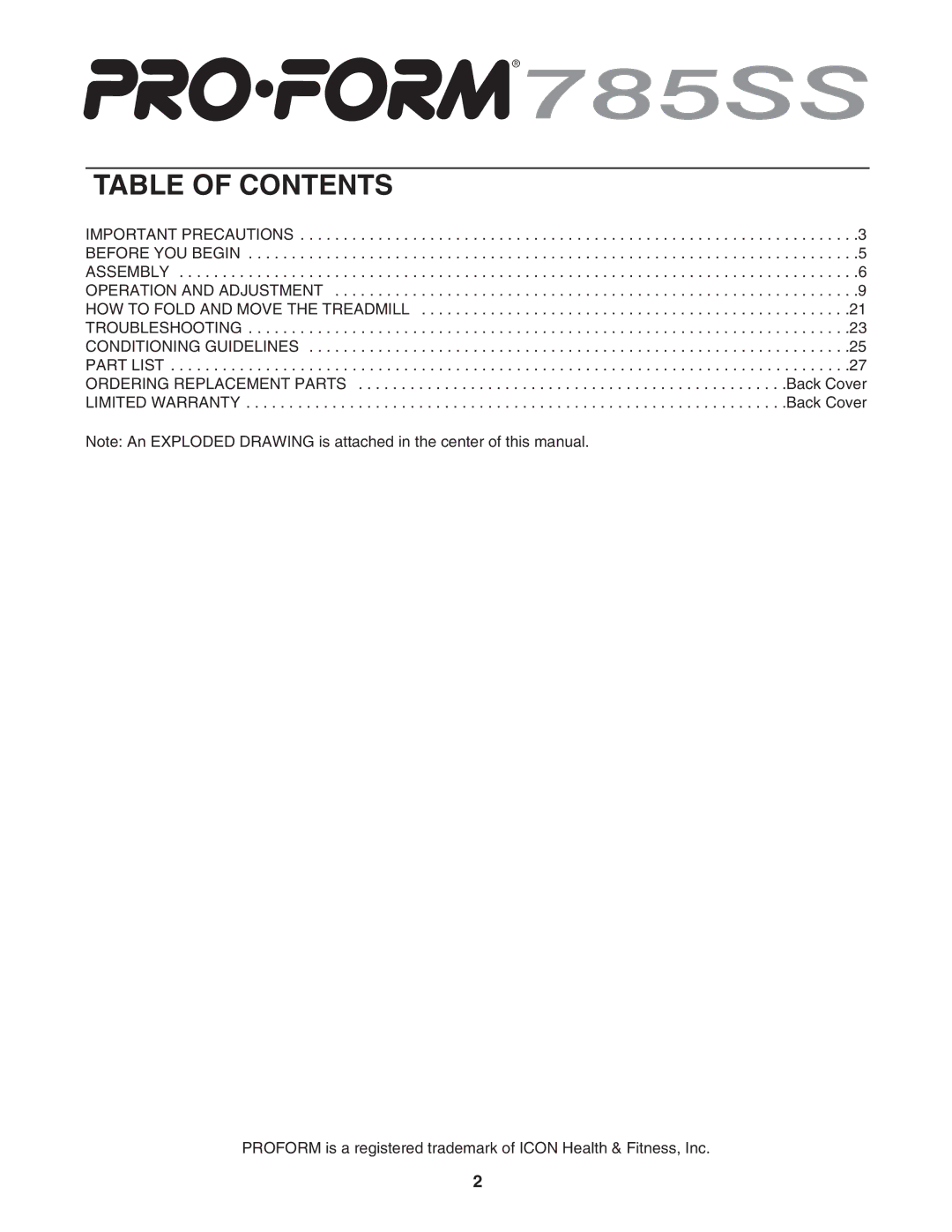 ProForm PFTL79103 user manual Table of Contents 