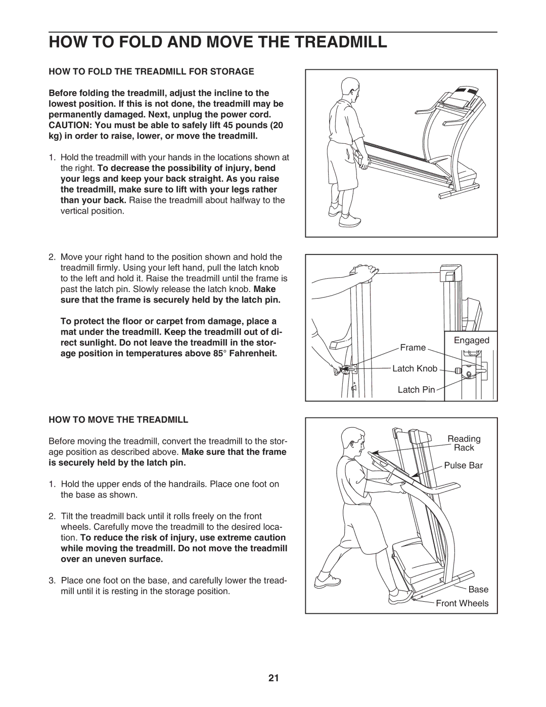 ProForm PFTL79103 HOW to Fold and Move the Treadmill, HOW to Fold the Treadmill for Storage, HOW to Move the Treadmill 