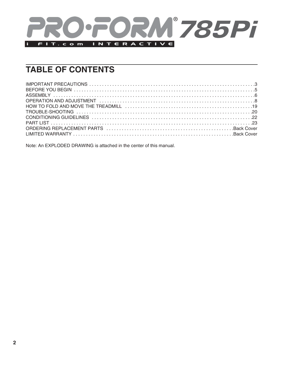 ProForm PFTL79190 user manual Table of Contents 