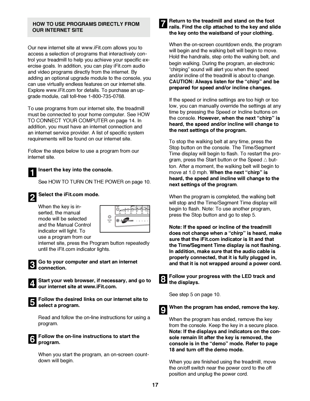 ProForm PFTL79191 HOW to USE Programs Directly from OUR Internet Site, When the program has ended, remove the key 