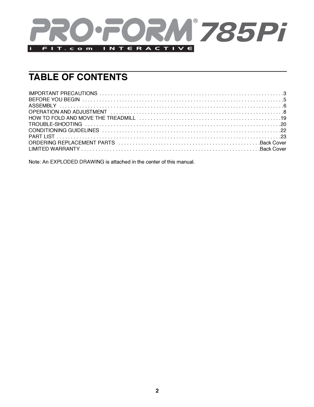 ProForm PFTL79191 user manual Table of Contents 