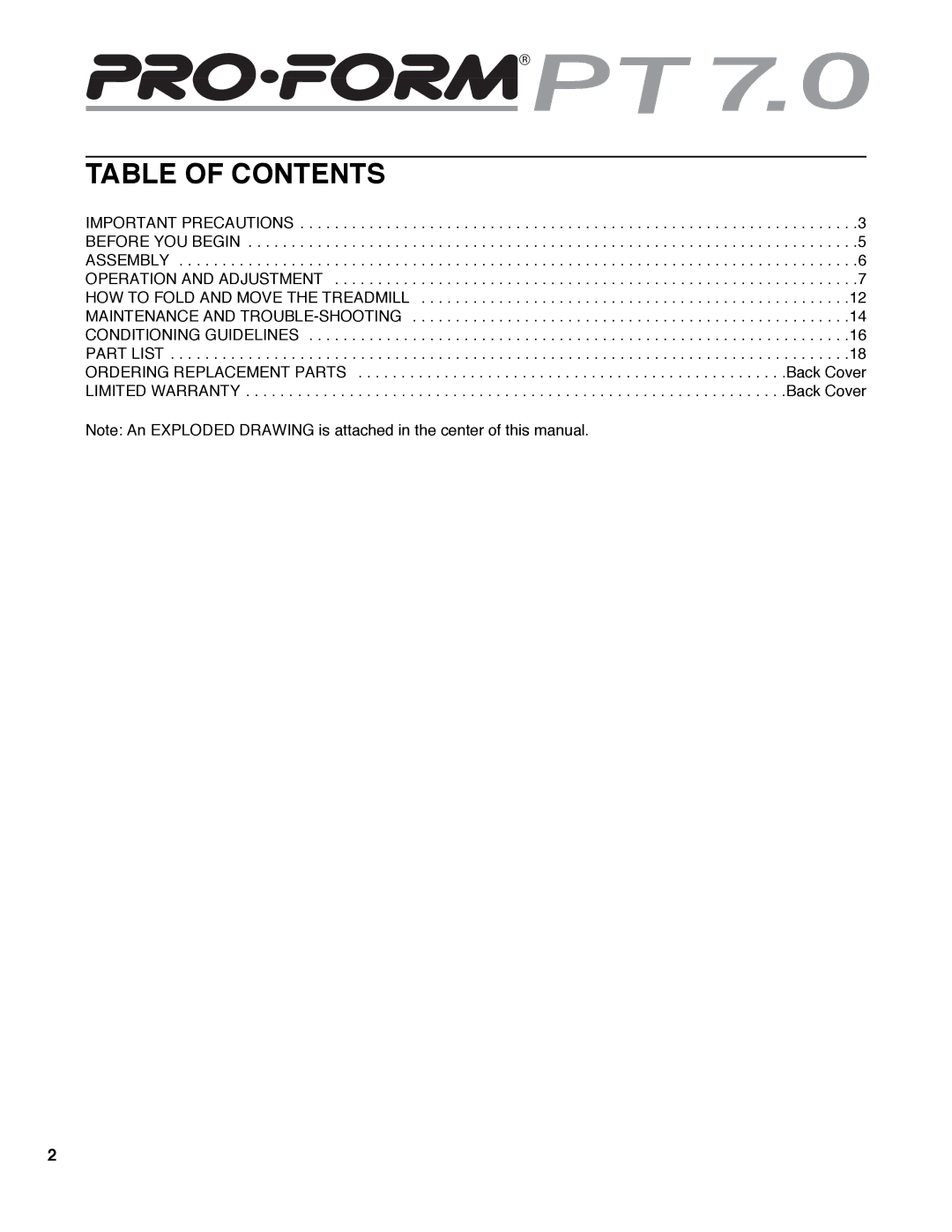 ProForm PFTL79400 user manual Table of Contents 