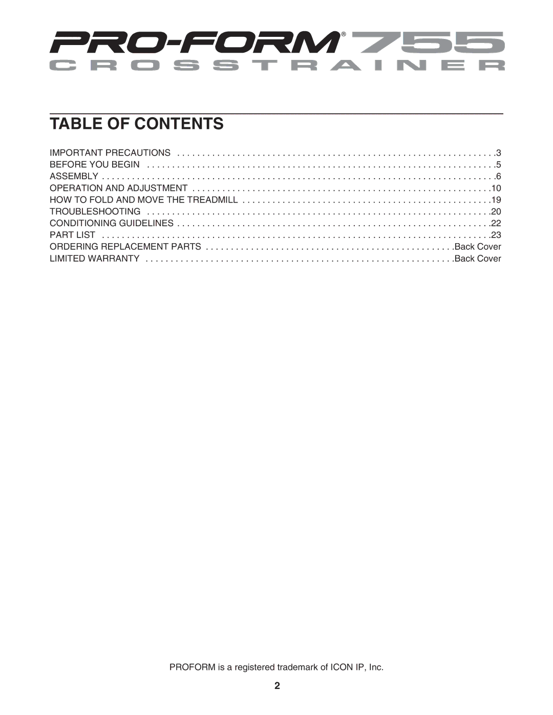 ProForm PFTL79506.0 user manual Table of Contents 