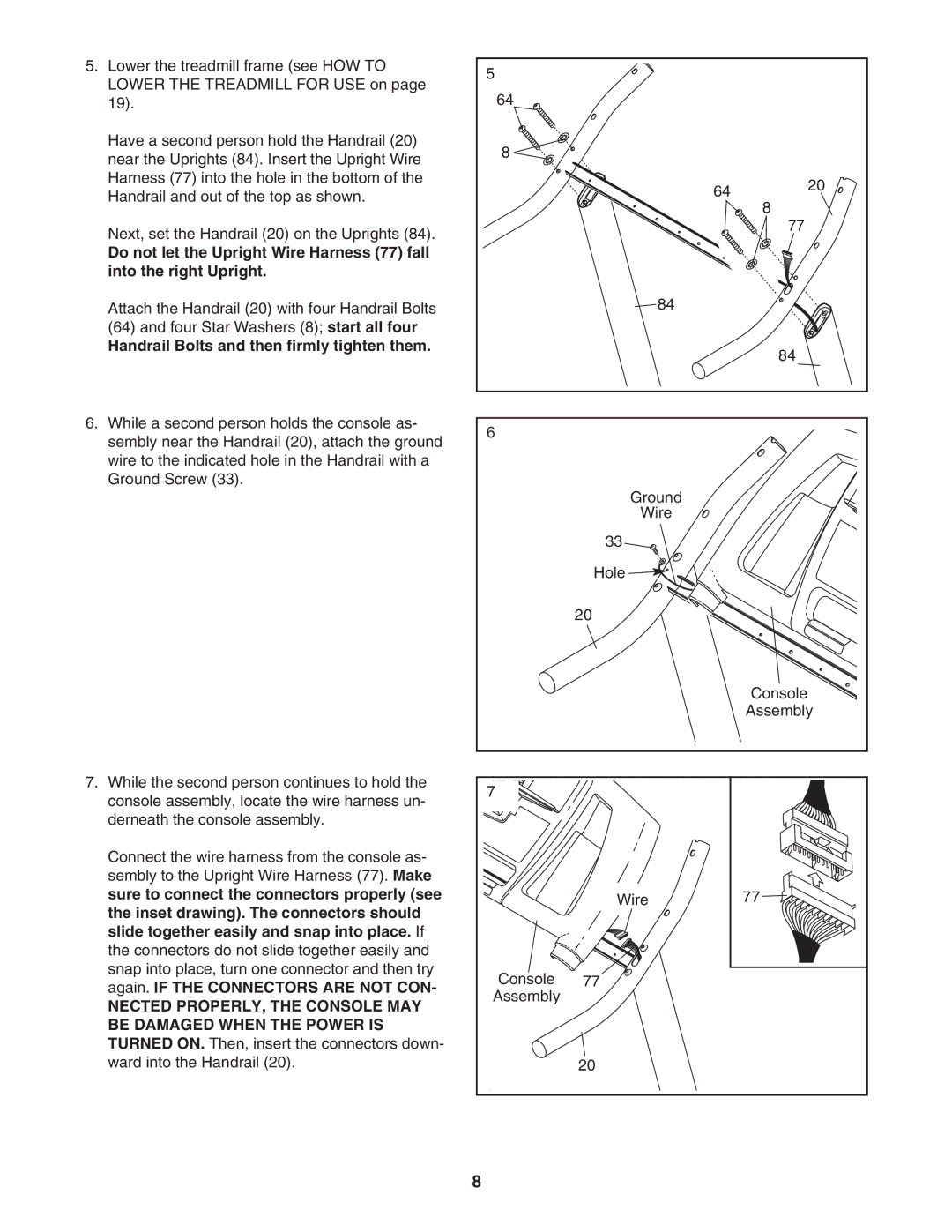 ProForm PFTL79506.0 user manual Handrail Bolts and then firmly tighten them, Sure to connect the connectors properly see 