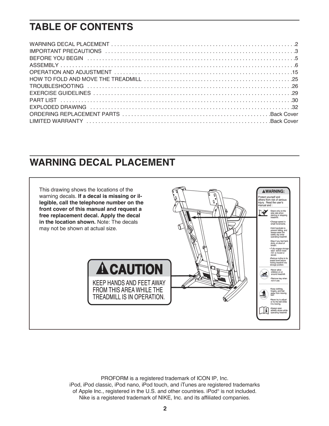 ProForm PFTL79510.0 warranty Table of Contents 