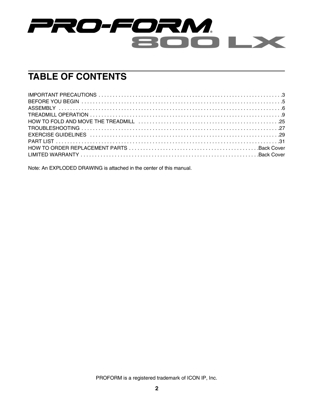 ProForm PFTL81405.0 user manual Table of Contents 