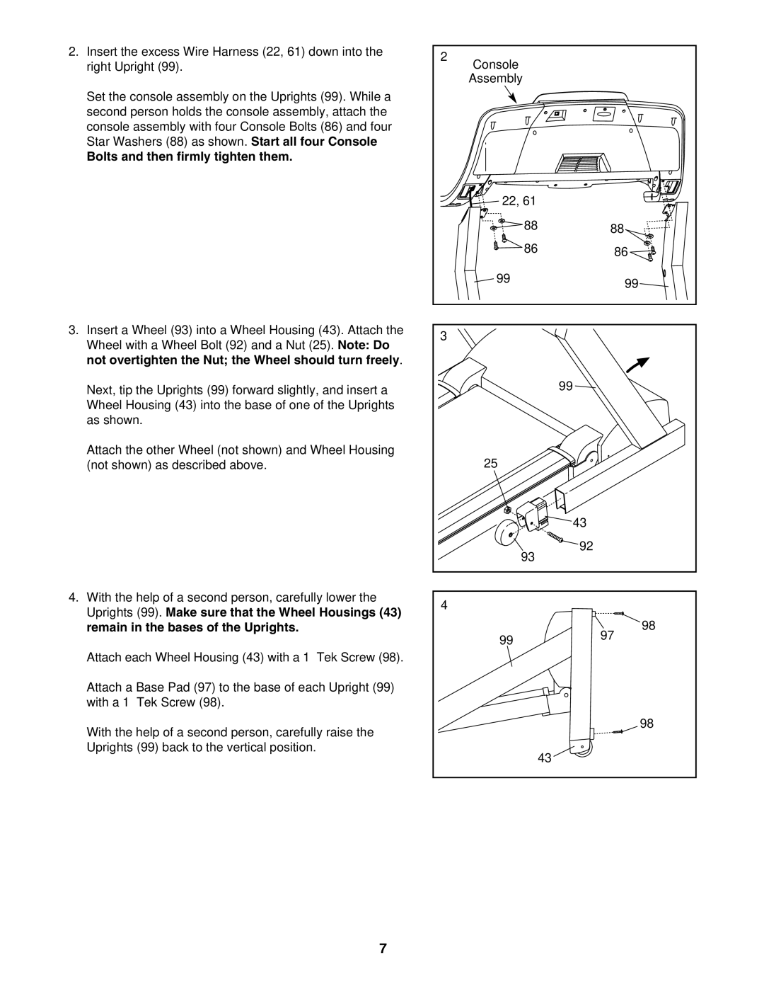 ProForm PFTL81405.0 user manual Bolts and then firmly tighten them, Not overtighten the Nut the Wheel should turn freely 