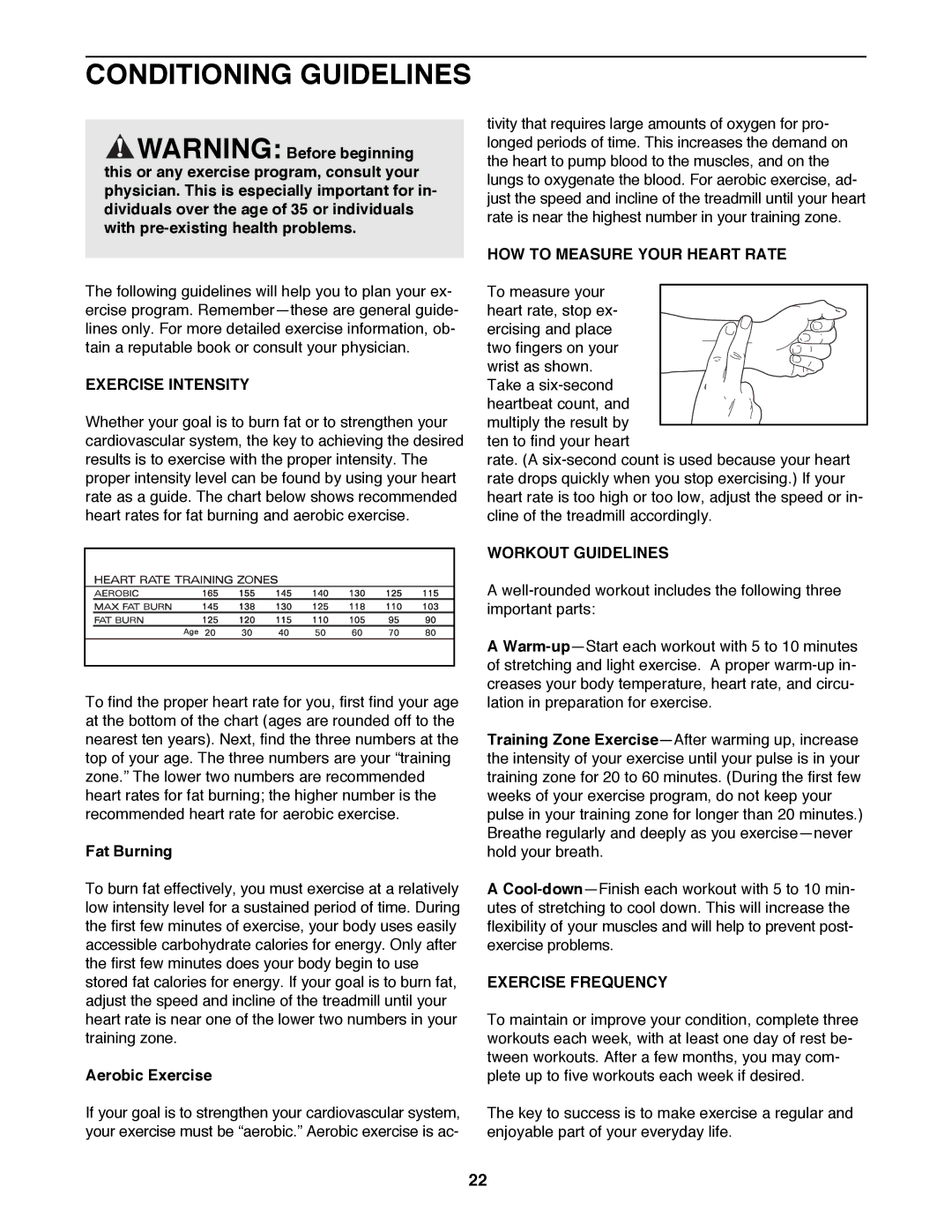 ProForm PFTL89200 Conditioning Guidelines, HOW to Measure Your Heart Rate, Exercise Intensity, Workout Guidelines 