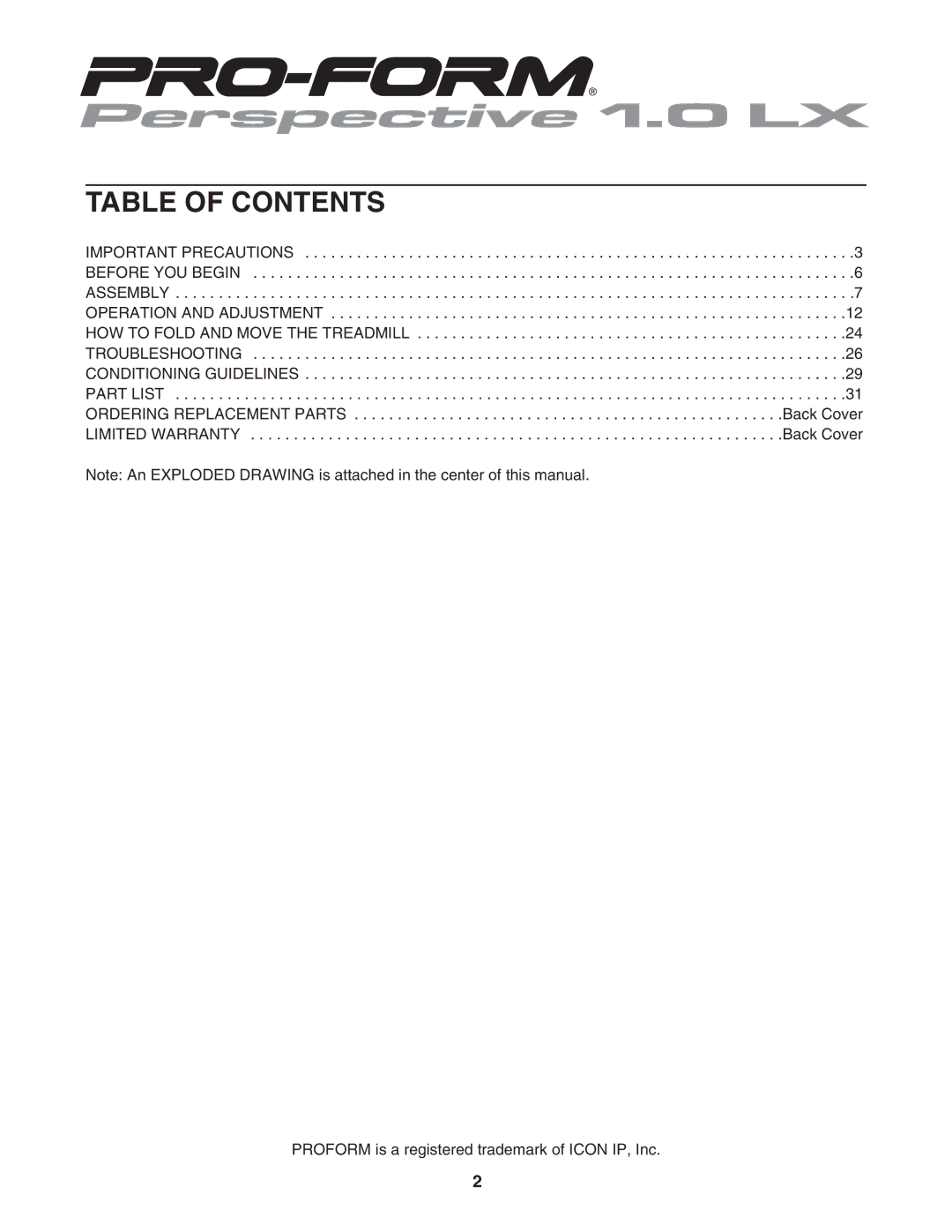 ProForm PFTL91105.0 user manual Table of Contents 