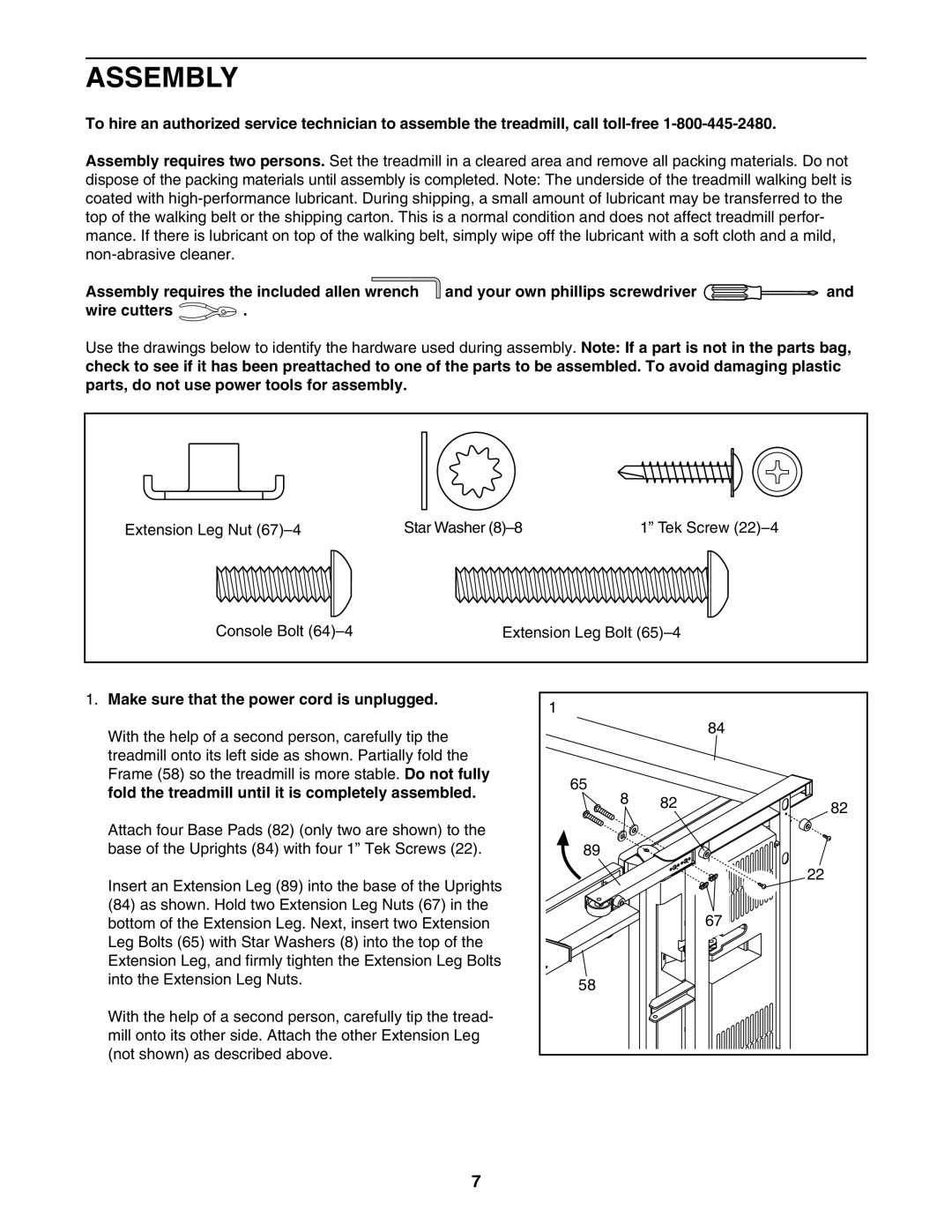 ProForm PFTL91105.0 user manual Assembly, Make sure that the power cord is unplugged 