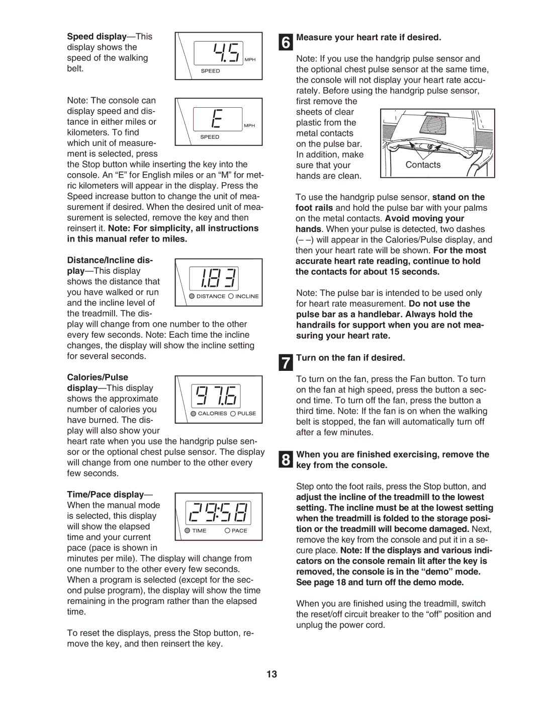 ProForm PFTL91205.0 user manual Speed display-This, Calories/Pulse, Time/Pace display, Measure your heart rate if desired 