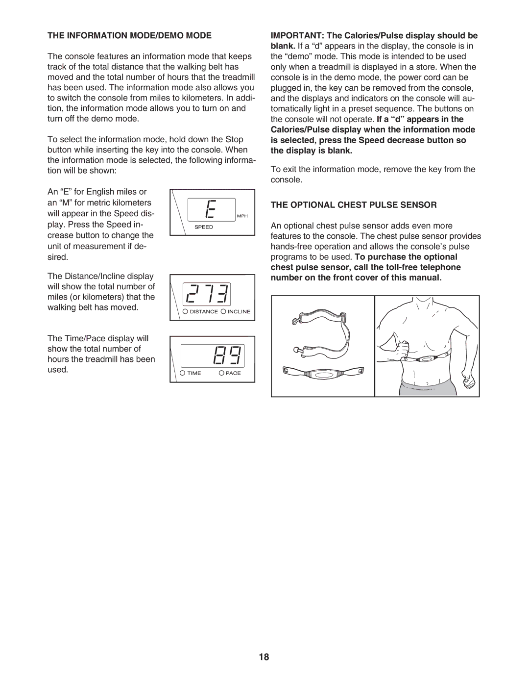 ProForm PFTL91205.0 user manual Information MODE/DEMO Mode, Optional Chest Pulse Sensor 