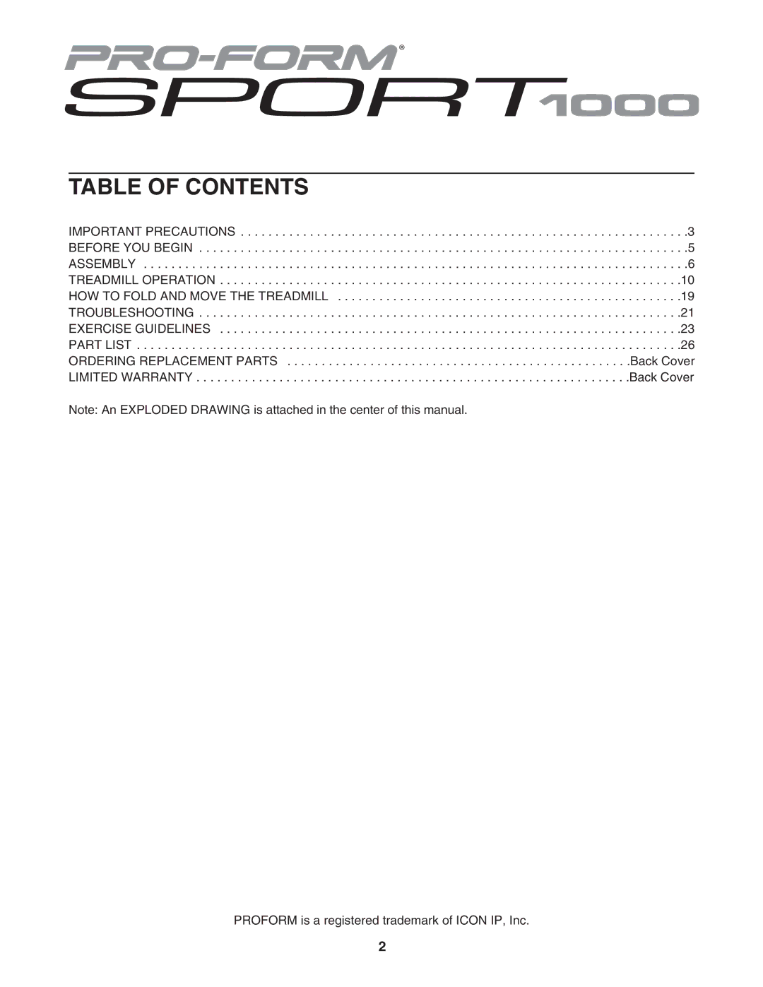 ProForm PFTL91205.0 user manual Table of Contents 