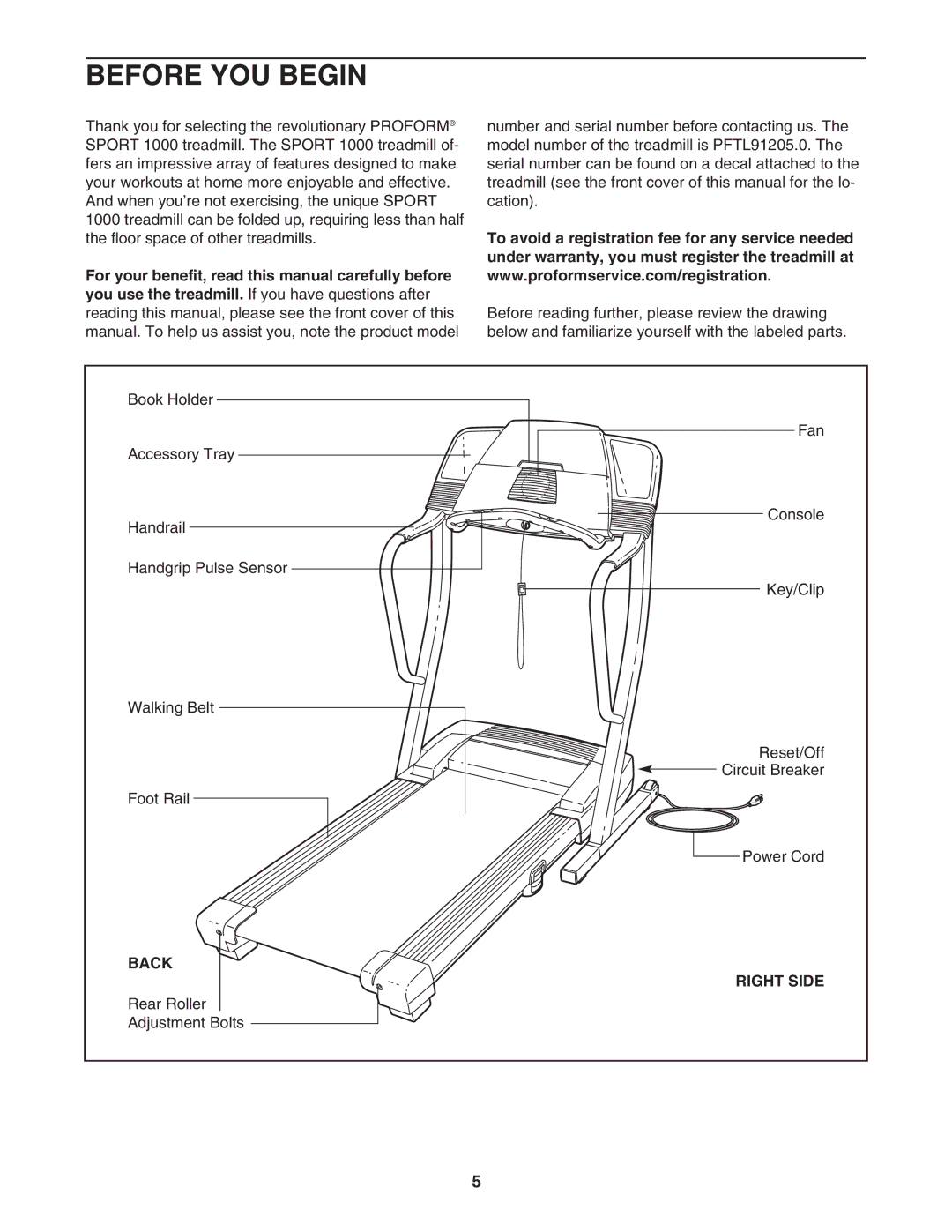 ProForm PFTL91205.0 user manual Before YOU Begin, Back, Right Side 