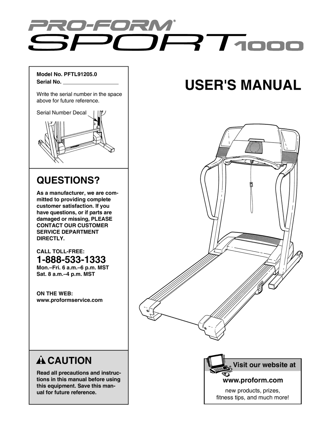 ProForm user manual Questions?, Model No. PFTL91205.0 Serial No, Call TOLL-FREE 