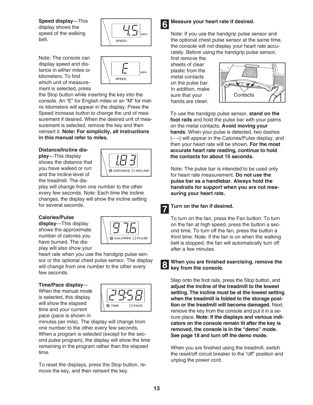 ProForm PFTL91205.0 user manual Speed display-This, Calories/Pulse, Time/Pace display, Measure your heart rate if desired 