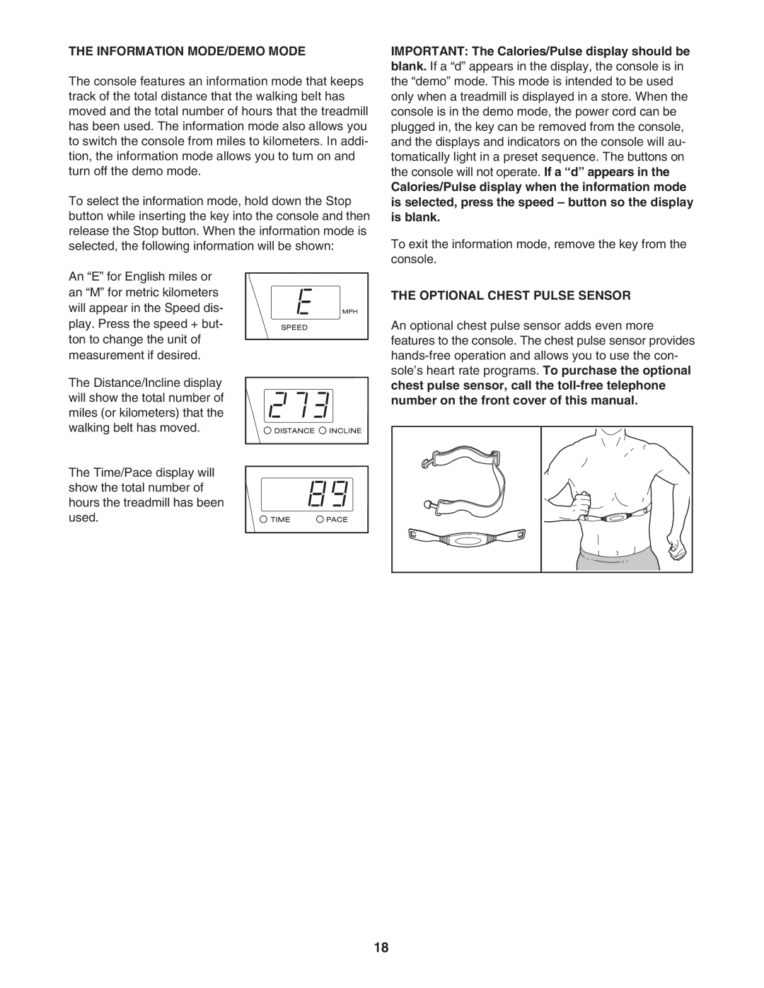 ProForm PFTL91206.0 user manual Information MODE/DEMO Mode, Optional Chest Pulse Sensor 