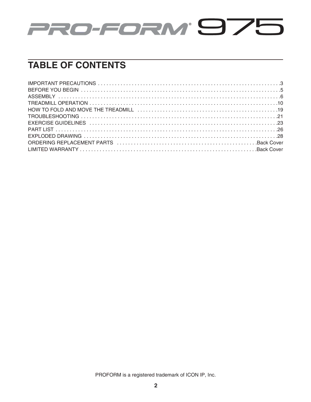 ProForm PFTL91206.0 user manual Table of Contents 