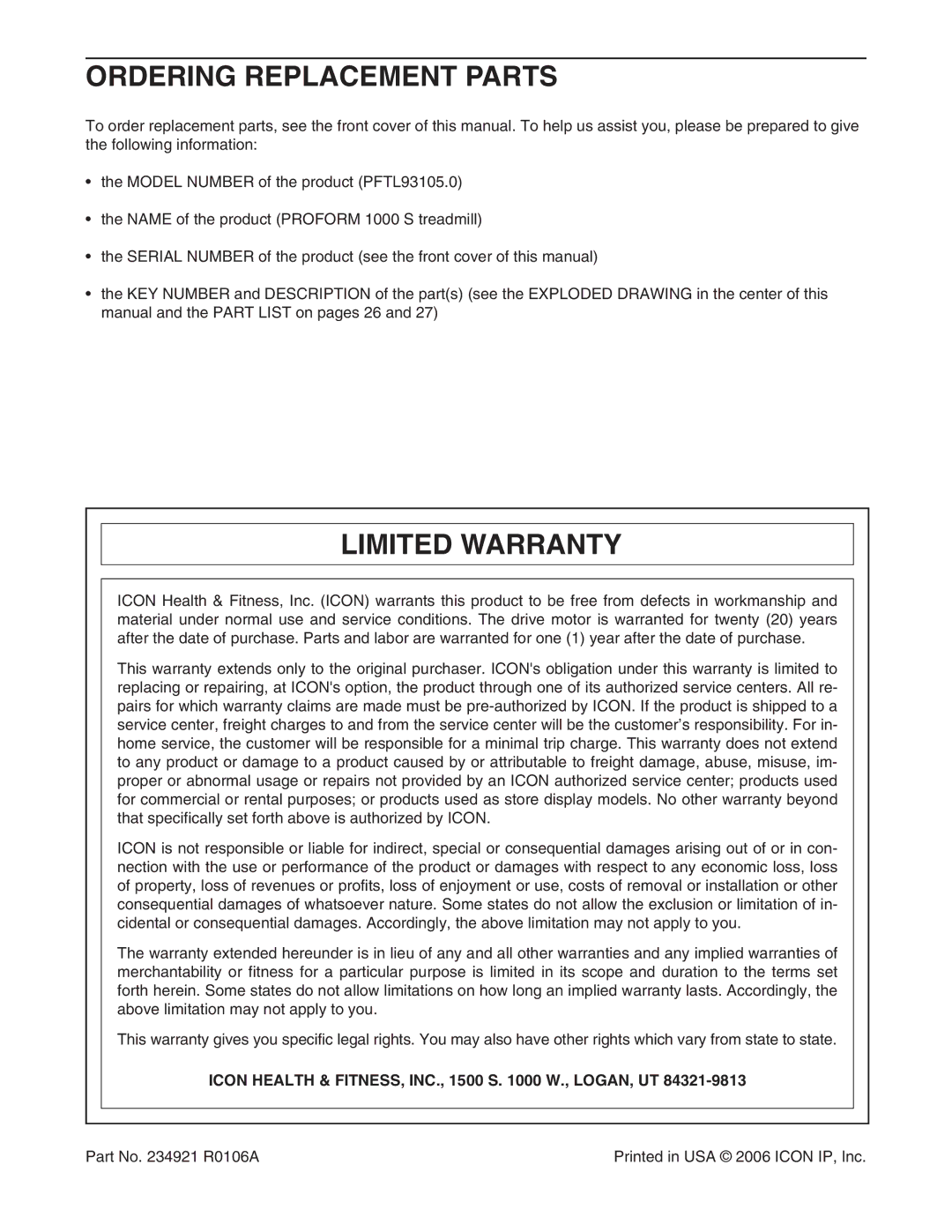 ProForm PFTL93105.0 Ordering Replacement Parts, Limited Warranty, Icon Health & FITNESS, INC., 1500 S W., LOGAN, UT 