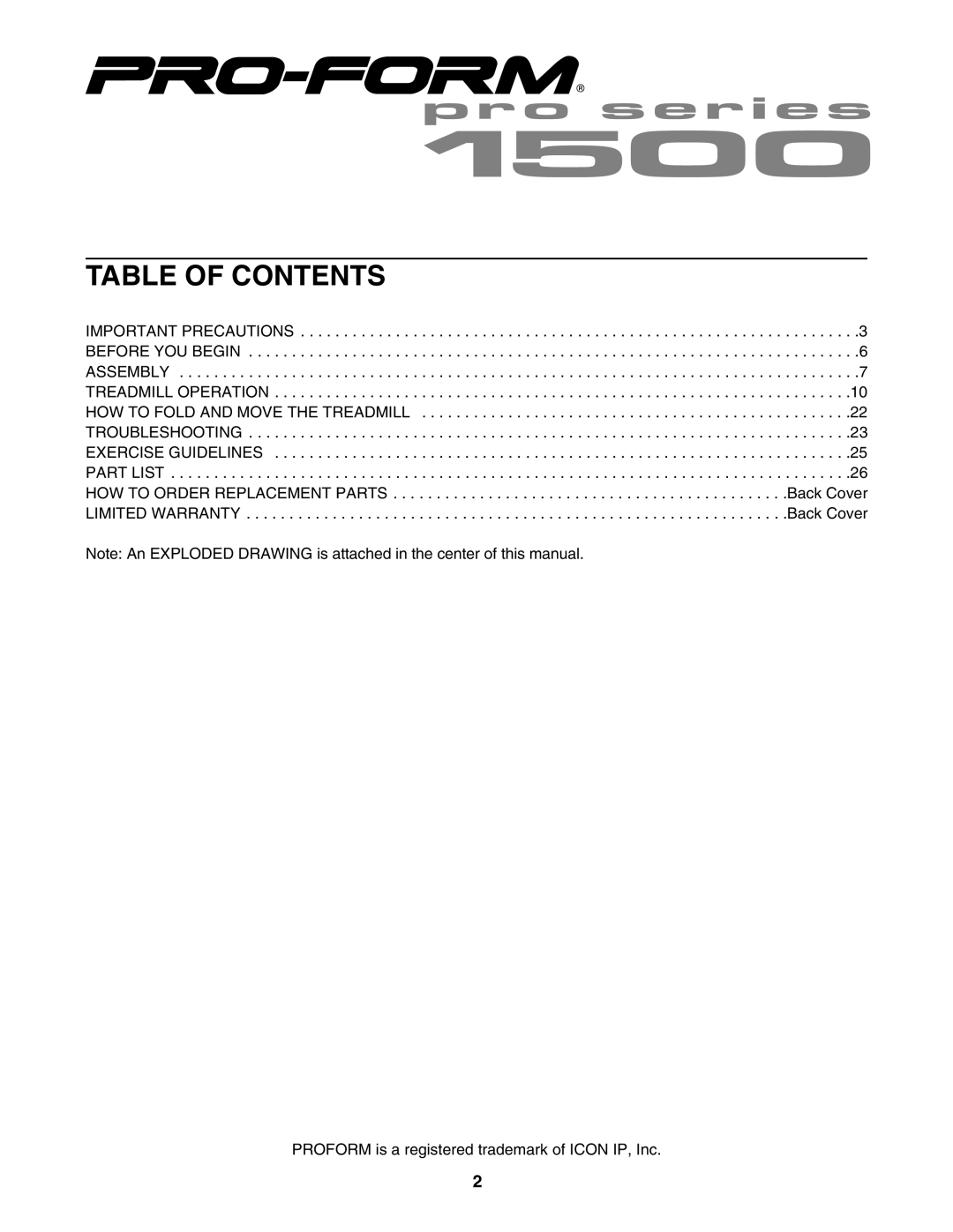 ProForm PFTL94105.1 user manual Table of Contents 