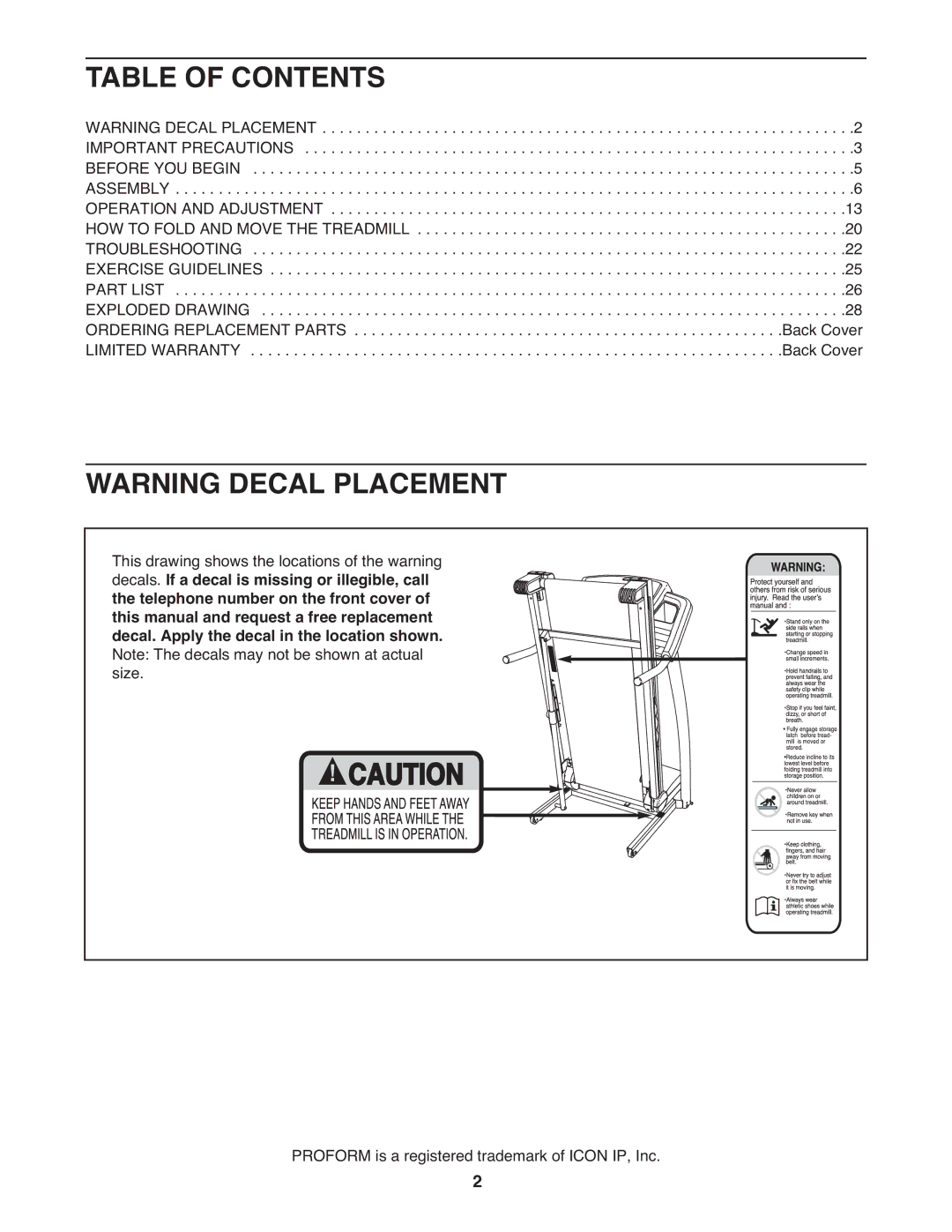 ProForm PFTL96008.0 user manual Table of Contents 