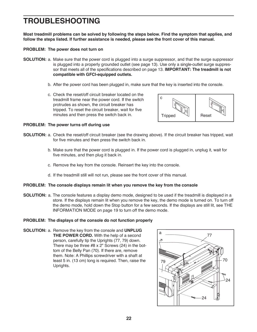 ProForm PFTL96008.0 Troubleshooting, Compatible with GFCI-equipped outlets, Problem The power turns off during use 