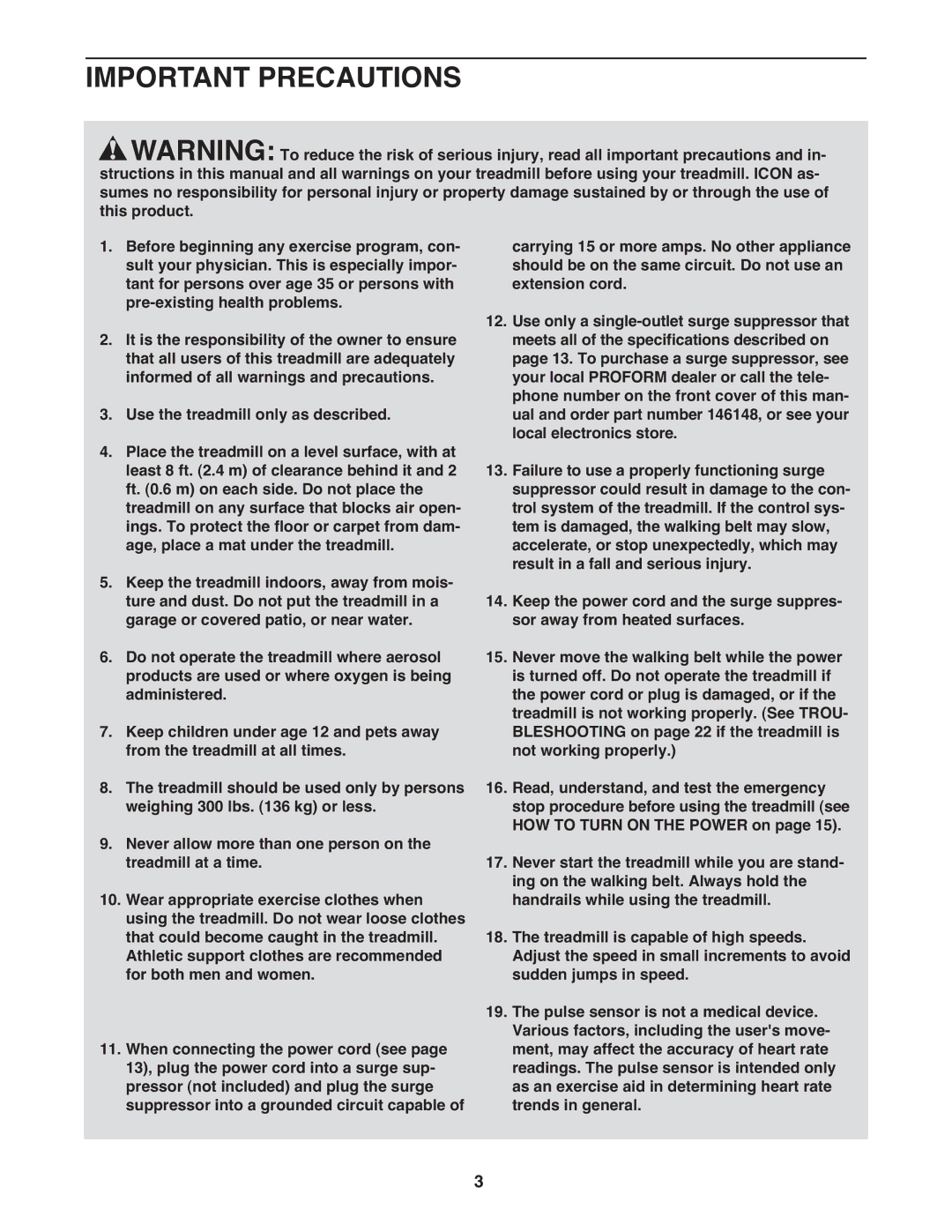 ProForm PFTL96008.0 user manual Important Precautions, Pulse sensor is not a medical device 