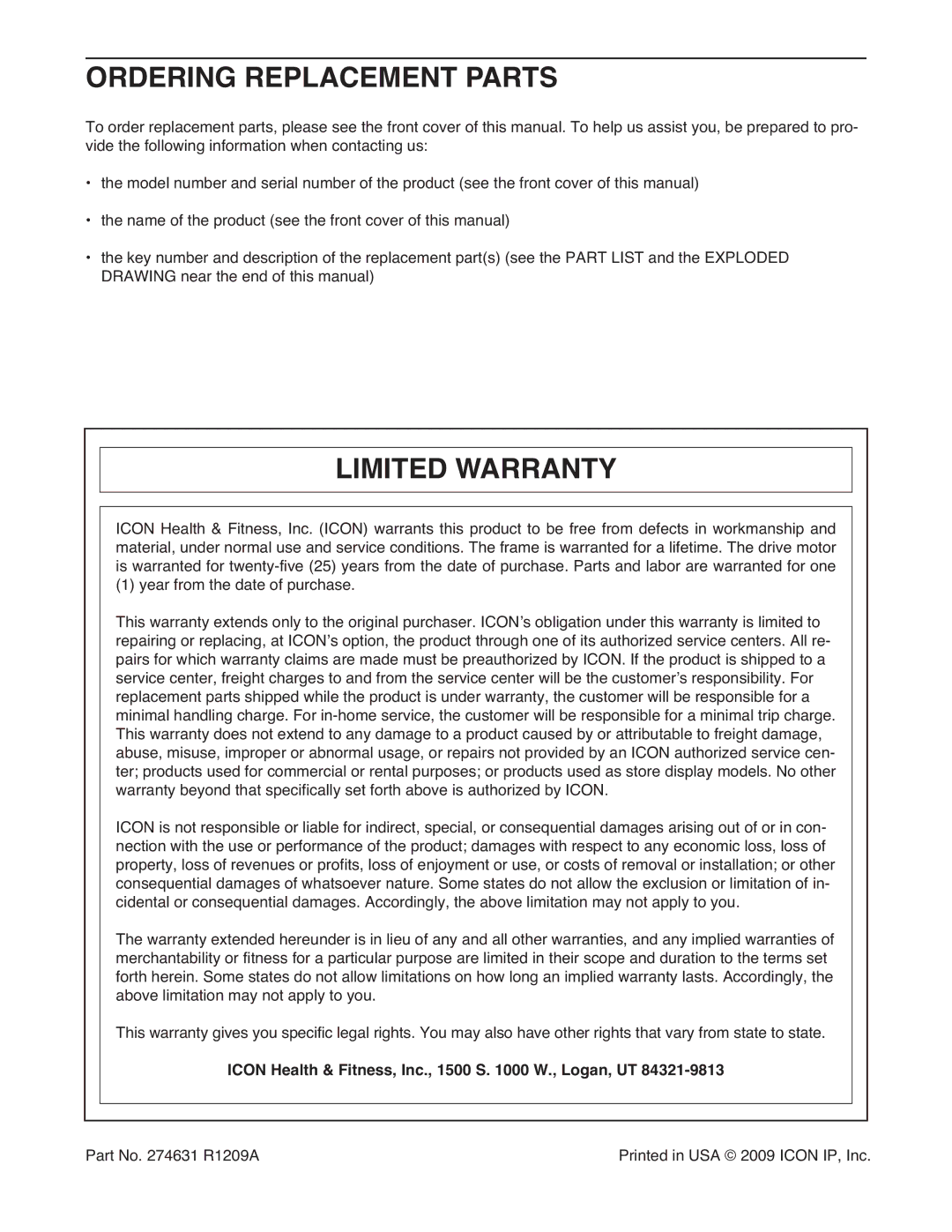 ProForm PFTL96008.0 Ordering Replacement Parts, Limited Warranty, Icon Health & Fitness, Inc., 1500 S W., Logan, UT 