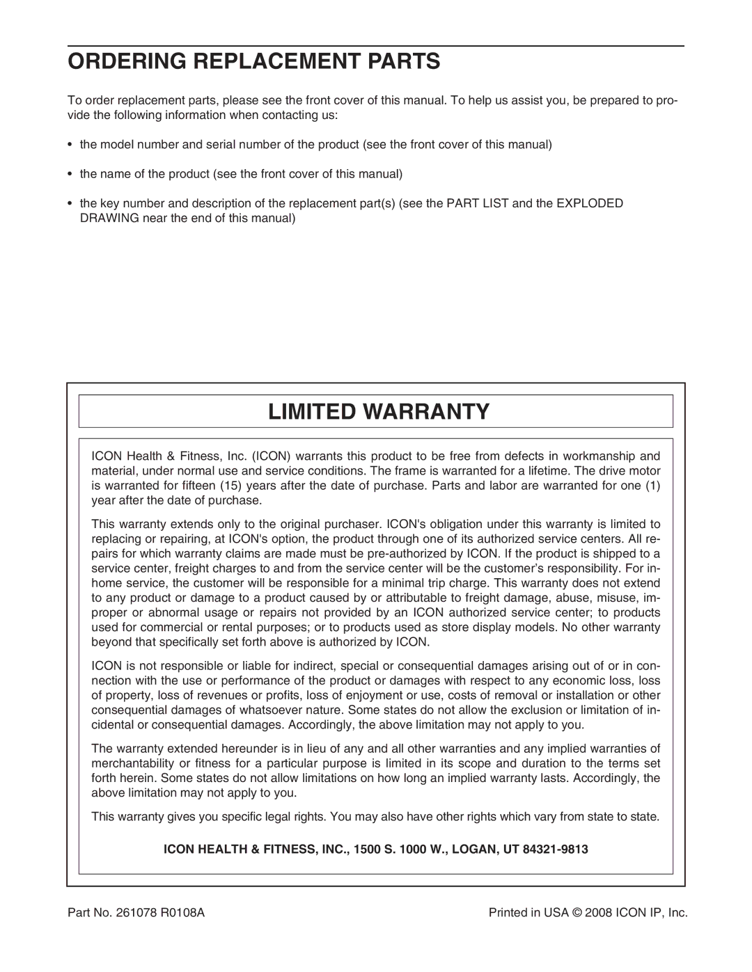 ProForm PFTL97007.0 Ordering Replacement Parts, Limited Warranty, Icon Health & FITNESS, INC., 1500 S W., LOGAN, UT 