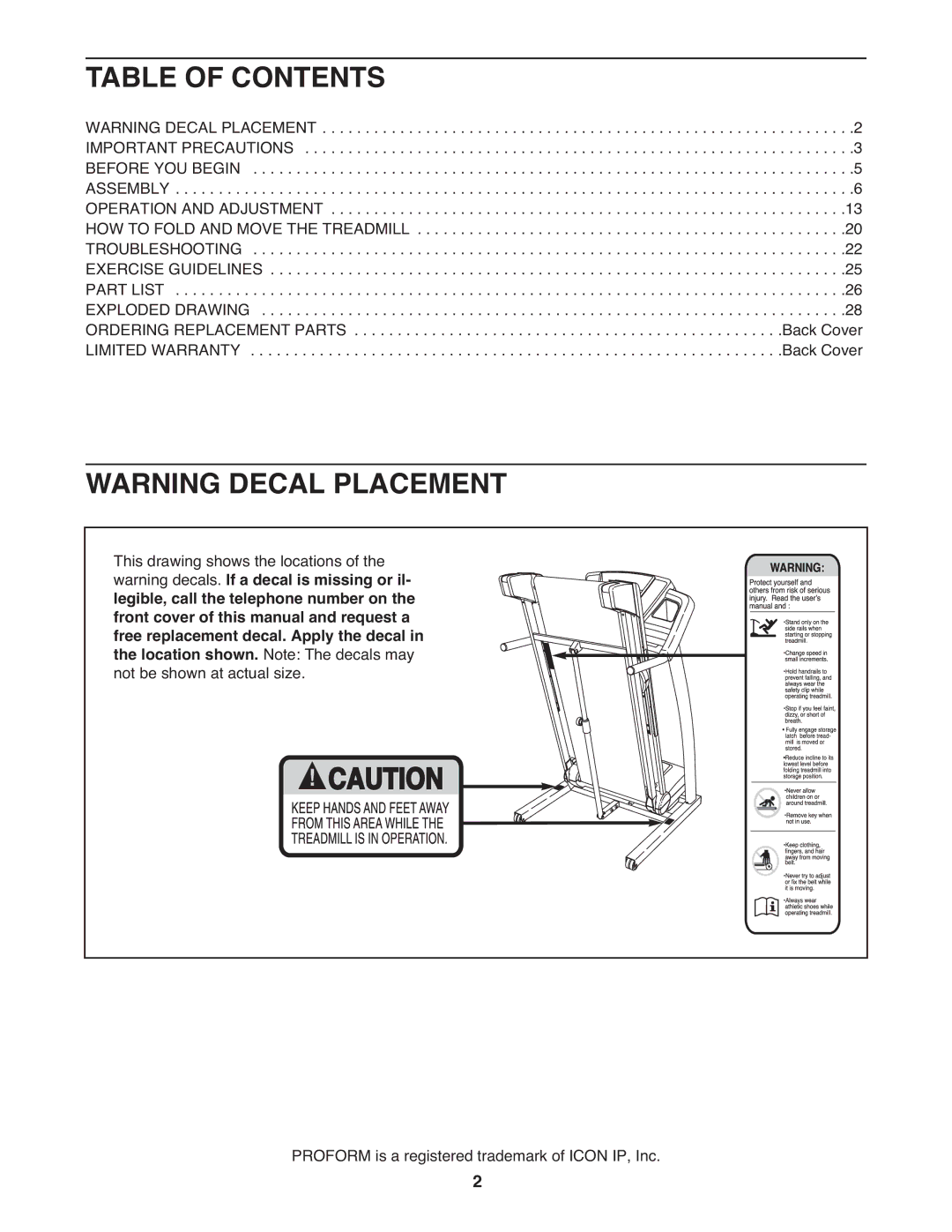 ProForm PFTL98908.1 user manual Table of Contents 