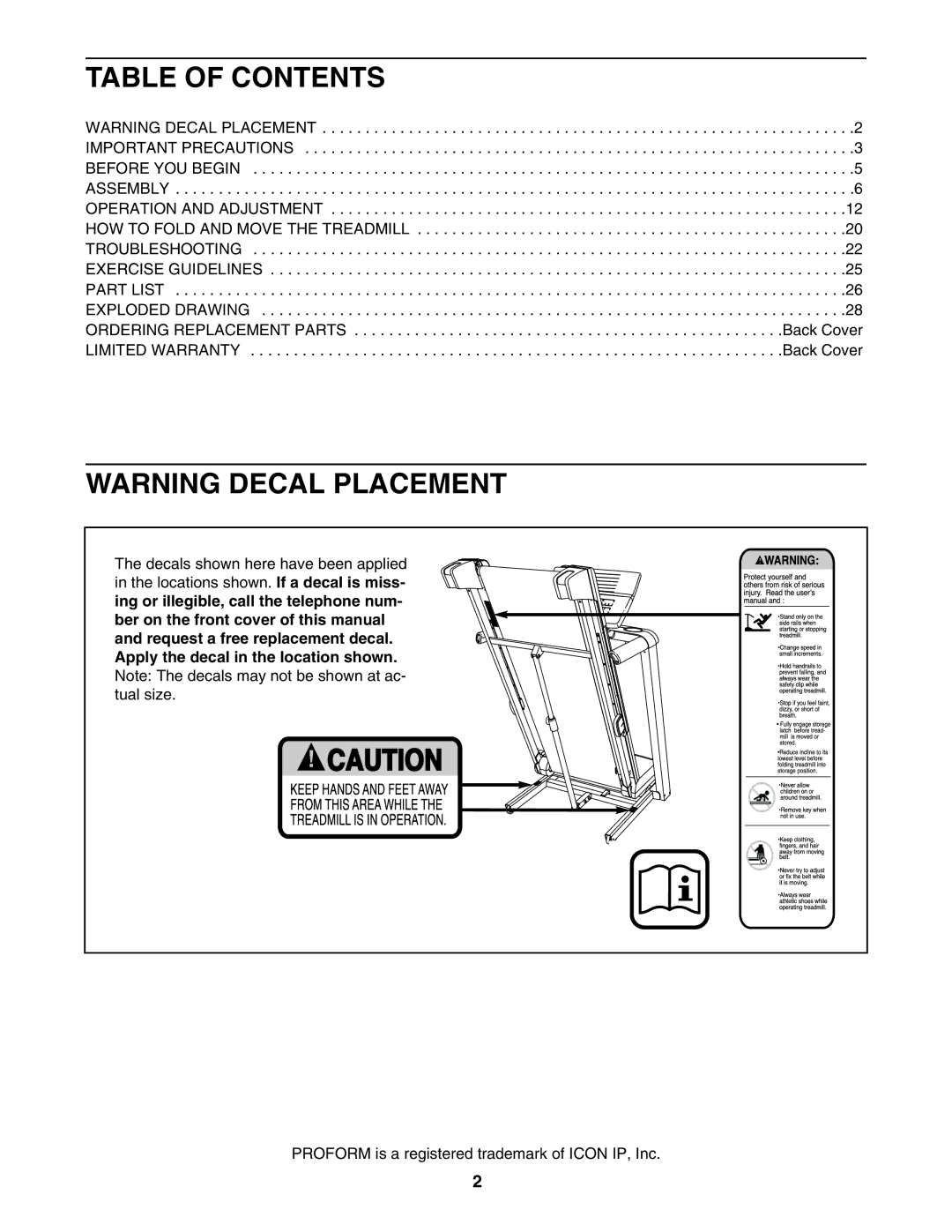 ProForm PFTL99007.0 user manual Table of Contents 