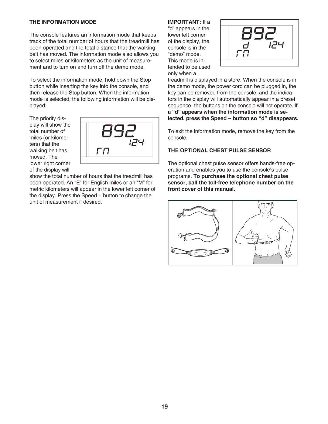 ProForm PFTL99106.0 user manual Information Mode, Important If a, Optional Chest Pulse Sensor 