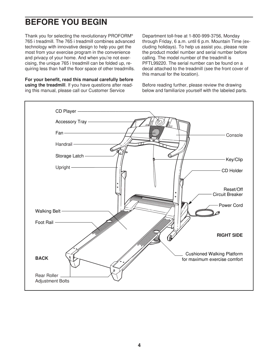 ProForm PFTL99220 user manual Before YOU Begin, Using the treadmill, Right Side, Back 