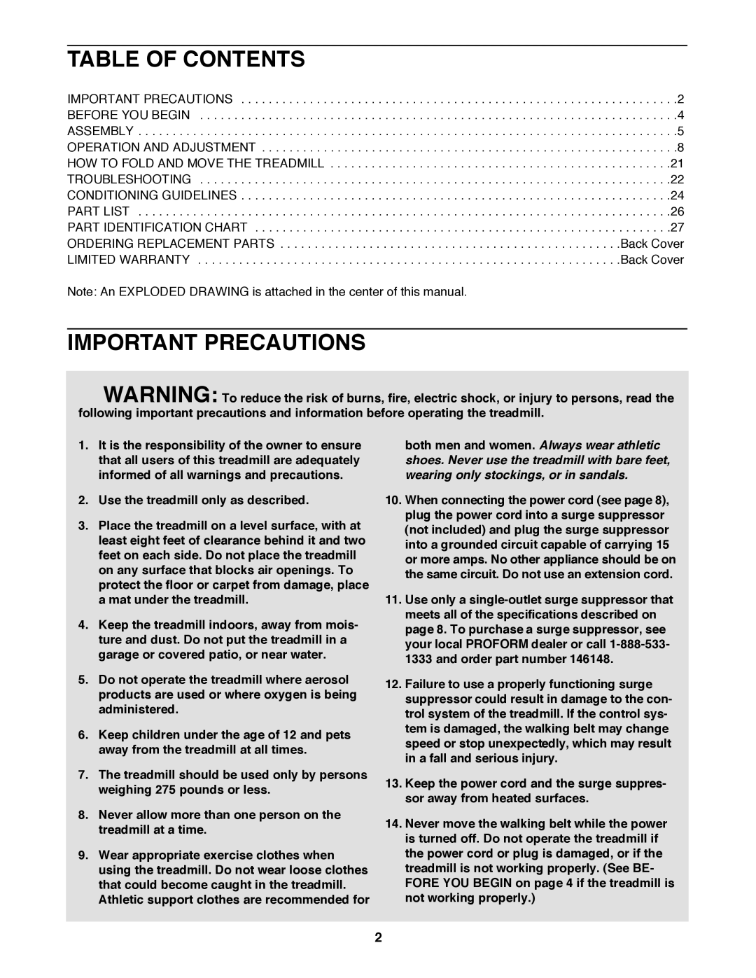 ProForm PFTL99222H user manual Table of Contents, Important Precautions 