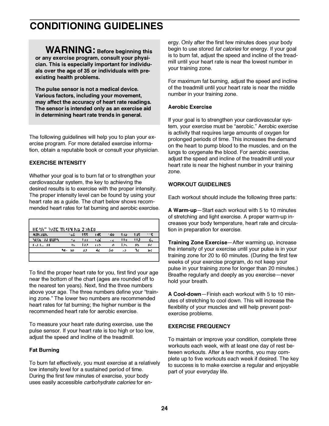 ProForm PFTL99222H user manual Conditioning Guidelines, Exercise Intensity, Workout Guidelines, Exercise Frequency 