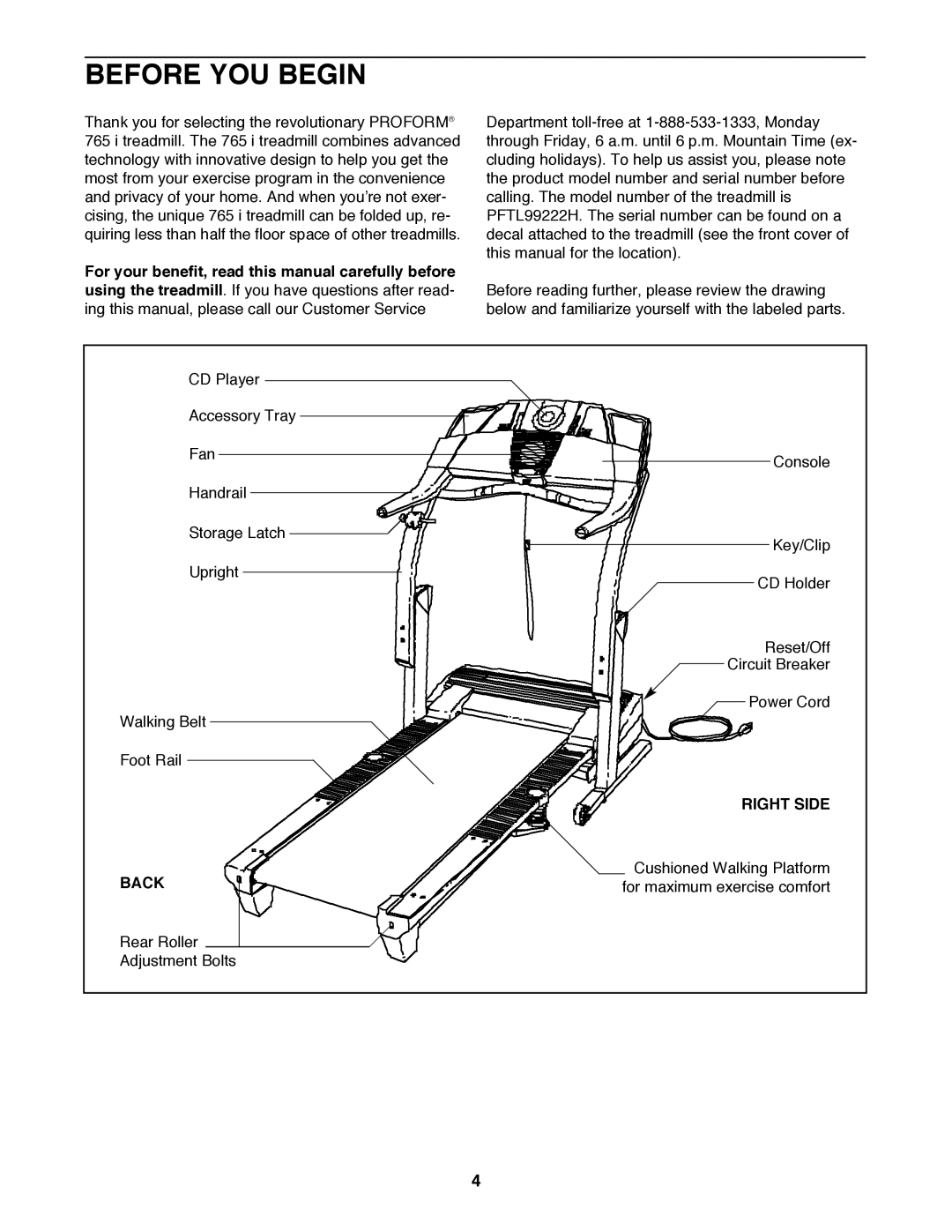 ProForm PFTL99222H user manual Before YOU Begin, Back, Right Side 